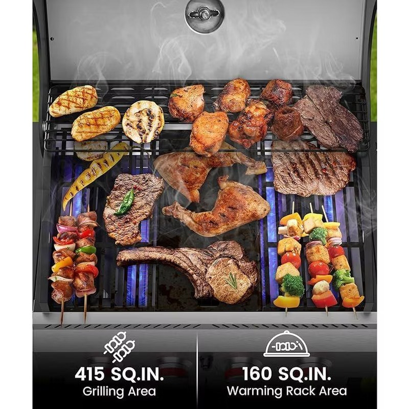 R.W.FLAME 4-Burner Propane Gas Grill with Side Burner, 42,000 BTU Stainless Steel BBQ Grill for Outdoor Cooking, with Cast Iron Grates, Baking Pan