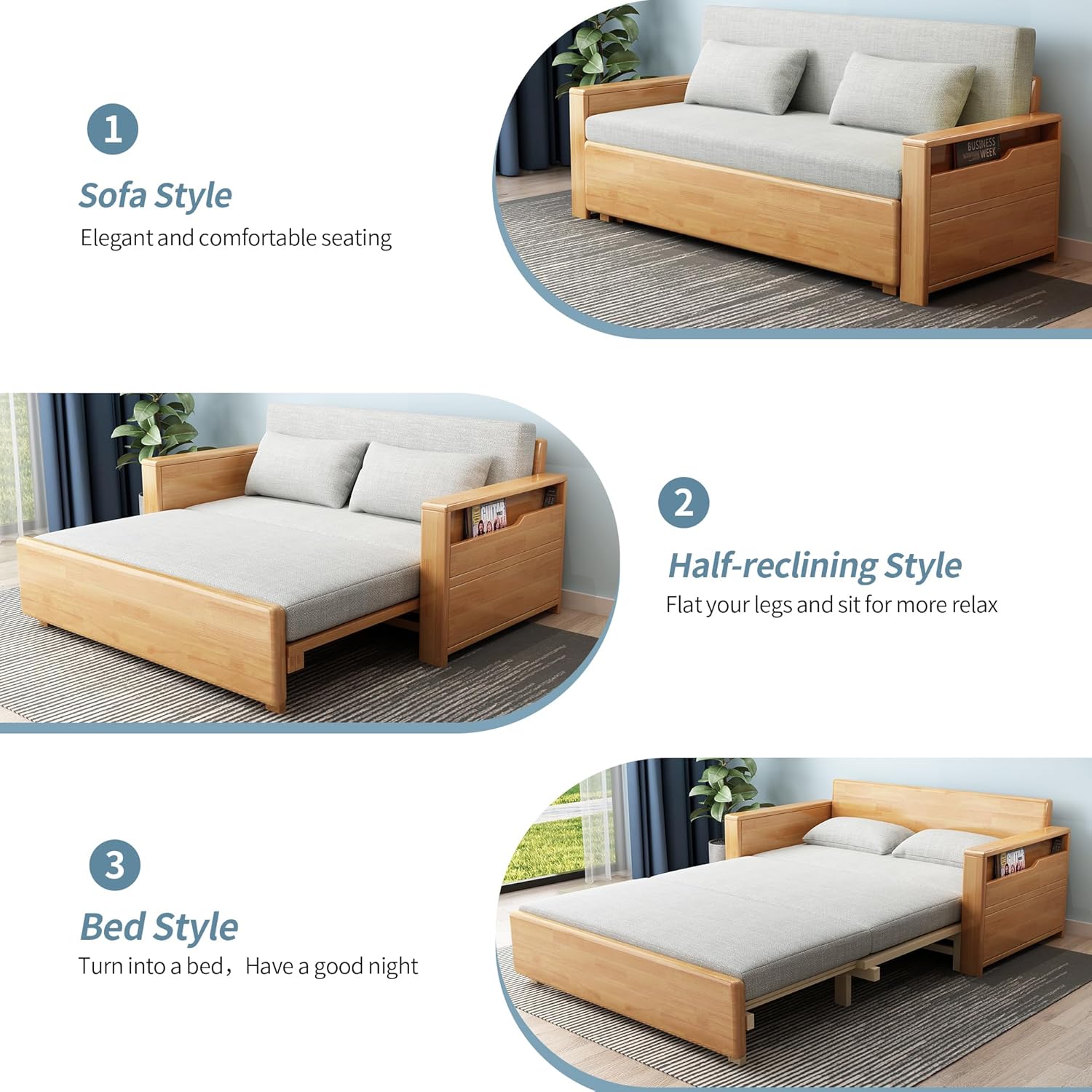 70.8Queen grey cushion Convertible Sofa Sleeper with Storage,Sectional Sleeper Sofa with Reversible Chaise,Solid wood Sofa Bed 3 in 1 Pull Out Couch Bed for Living Room,Apartment,Bedroom and Office