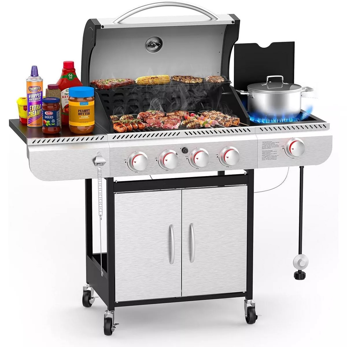 R.W.FLAME 4-Burner Propane Gas Grill with Side Burner, 42,000 BTU Stainless Steel BBQ Grill for Outdoor Cooking, with Cast Iron Grates, Baking Pan