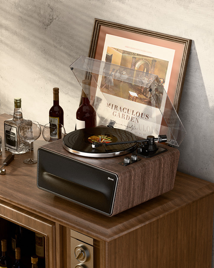 XJ-HOME All in One Vinyl Record Player,Bluetooth Turntable Built in 4 Stereo Speakers Phono Preamp,High Fidelity Turntables for Vinyl Records with Magnetic Cartridge AT-3600L MM,Belt Drive 2-Speed,33/45 RPM