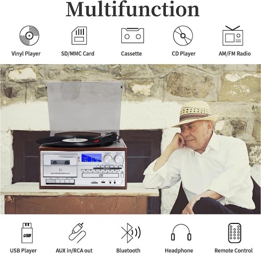 Record Player 9 in 1 3 Speed Bluetooth Vintage Turntable CD Cassette Vinyl Playe