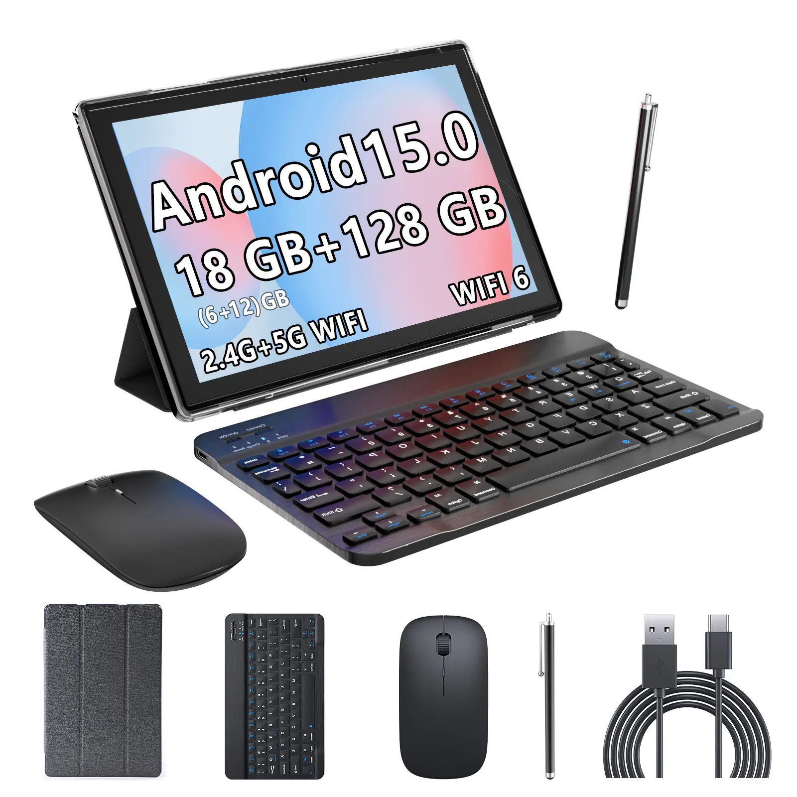 💥Discounted price GH₵ 398💥PEICHENG Android 15.0 10.1 Inch Tablet 18GB RAM(6GB base,12GB expand) 128GB ROM 1TB Expandable Quad-core 2.0GHz 1280x800 IPS Screen 5G WiFi6 BT 5.0 with Keyboard Mouse Stylus Case,tablets on sale,tablet bundle