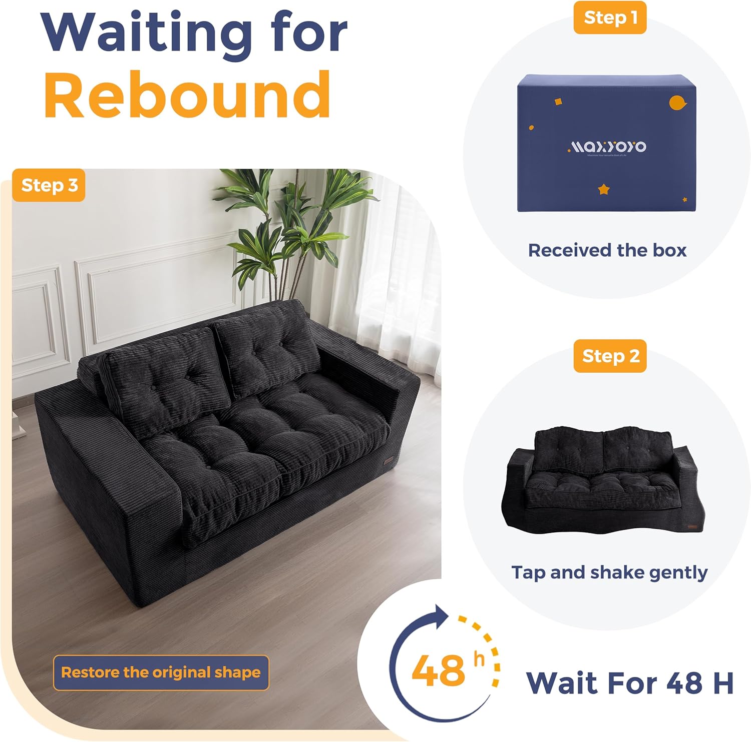✨【Buy 1 Get 1 Free】🔥MAXYOYO 3 Seater Couch for Living Room, Boneless Couch with Tufted Cushion & Backrest, Upholstered Floor Sofa with Armrests, Sofa in A Box, No Assembly Required（🎉Real and effective, first come first served）