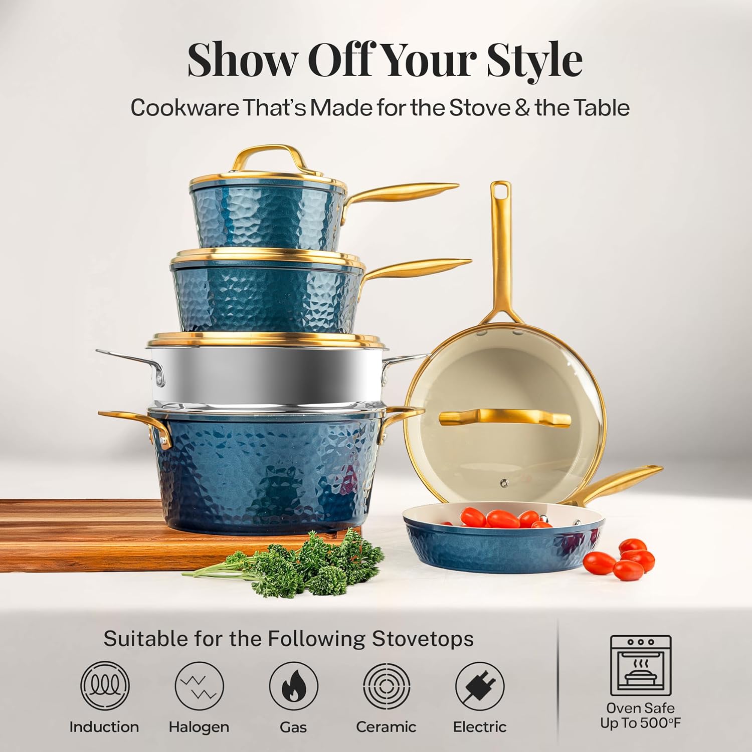 GOTHAM STEEL Hammered 20 Pc Ceramic Cookware Set Nonstick, Induction Pots and Pans Set Non Stick for Kitchen, Deep Pots and Pans for Cooking, Non Toxic Cookware Sets, Oven & Dishwasher Safe