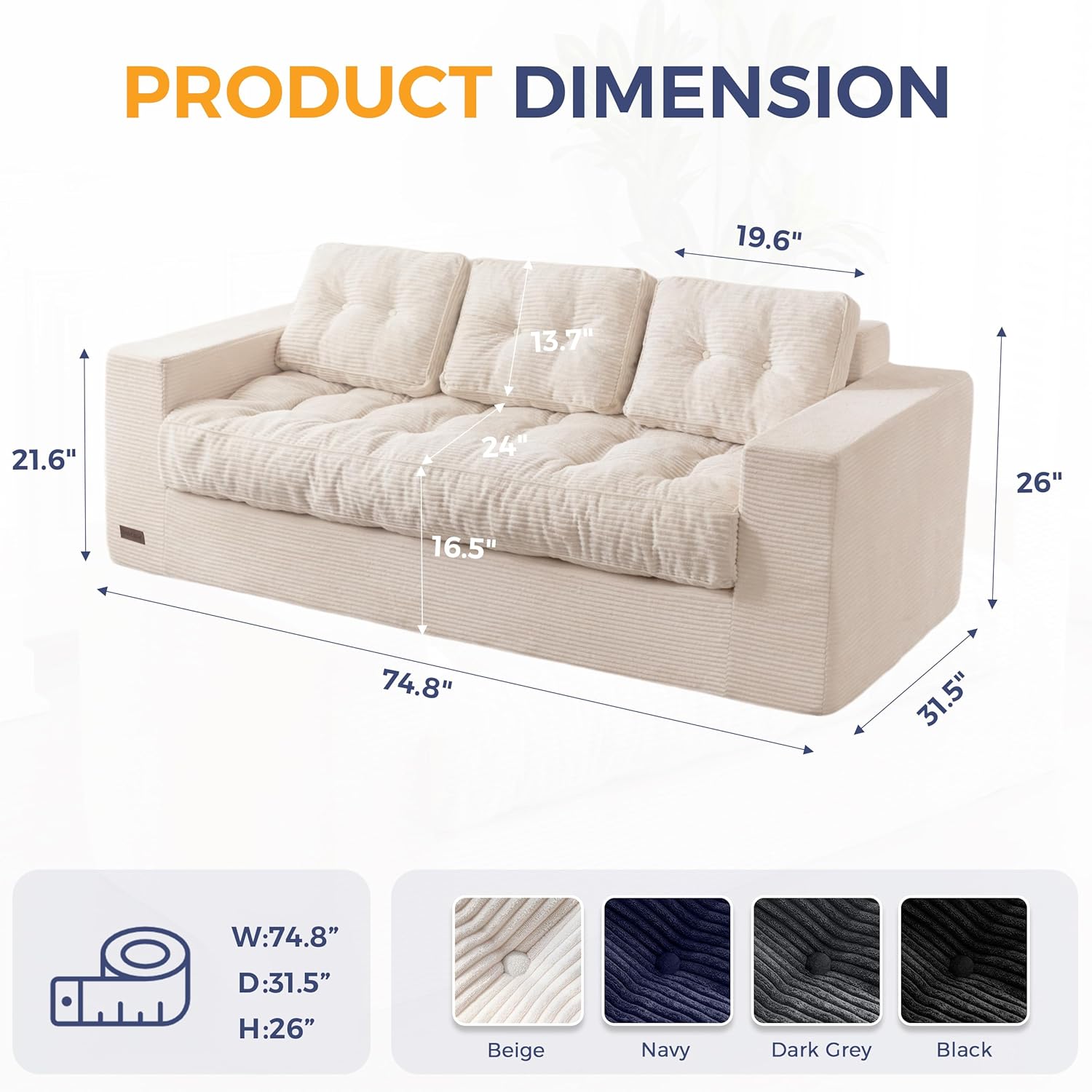 ✨【Buy 1 Get 1 Free】🔥MAXYOYO 3 Seater Couch for Living Room, Boneless Couch with Tufted Cushion & Backrest, Upholstered Floor Sofa with Armrests, Sofa in A Box, No Assembly Required（🎉Real and effective, first come first served）