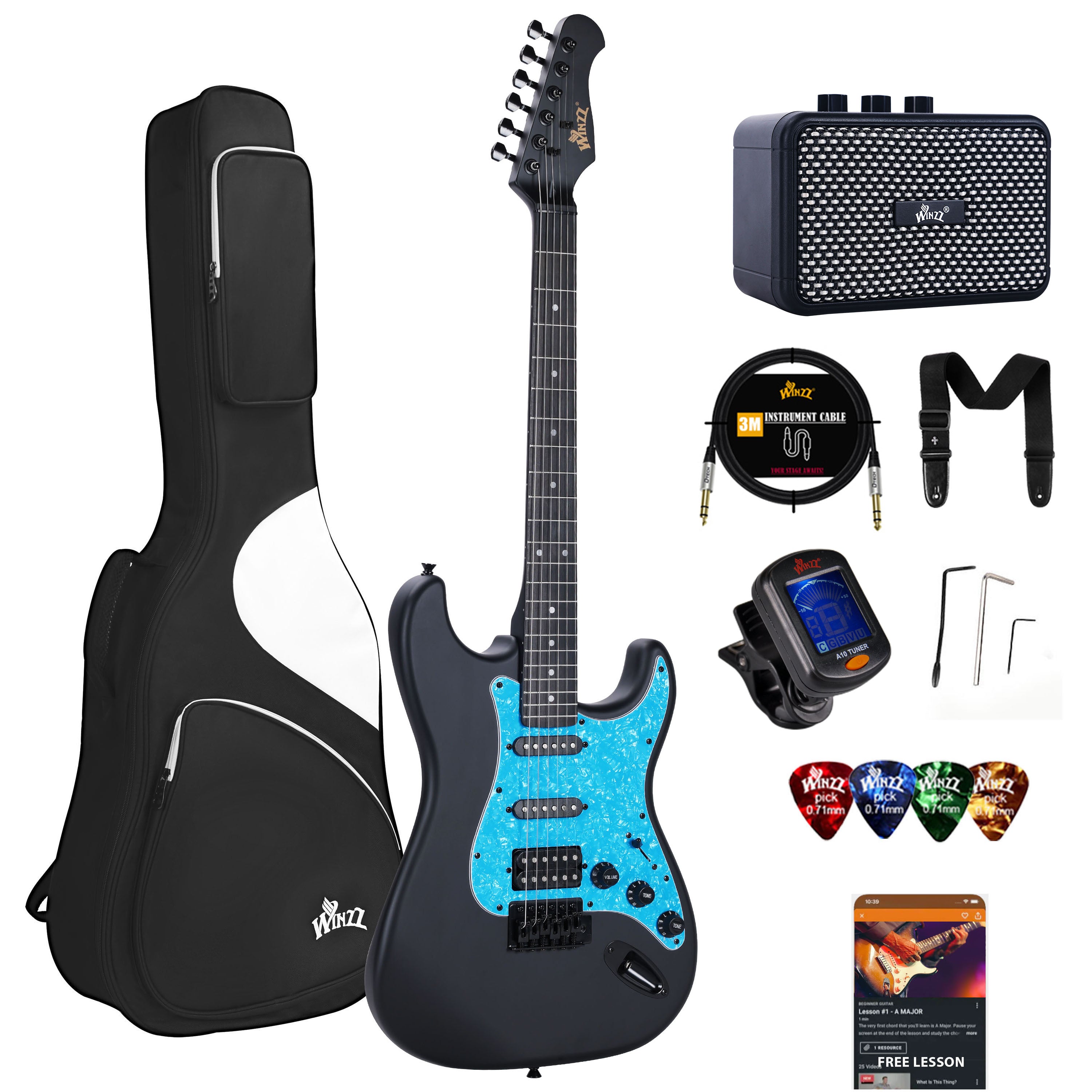 😍WINZZ Solid Poplar Wood Electric Guitar Set for Beginners - 39-Inch, Complete Starter Kit with Accessories