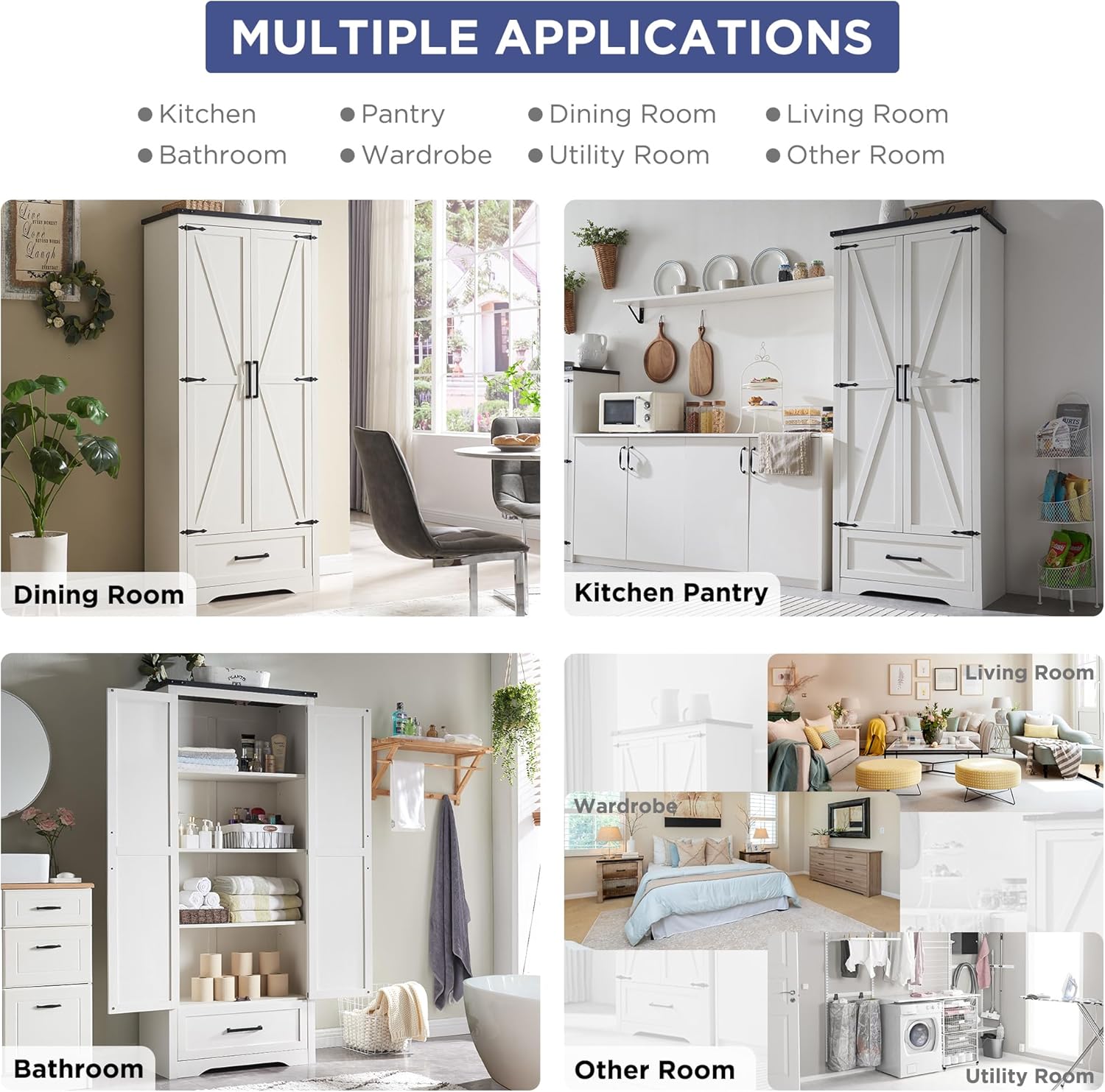 🔥【Last 19 pieces, buy 1 get 1 free】Farmhouse Kitchen Pantry Cabinet - 72 Tall Large Wood Kitchen Storage Cabinets with Adjustable Shelves & 2 Barn Doors & Drawer, Versatile Storage for Dining Room, Bathroom, Living Room, Antique Black