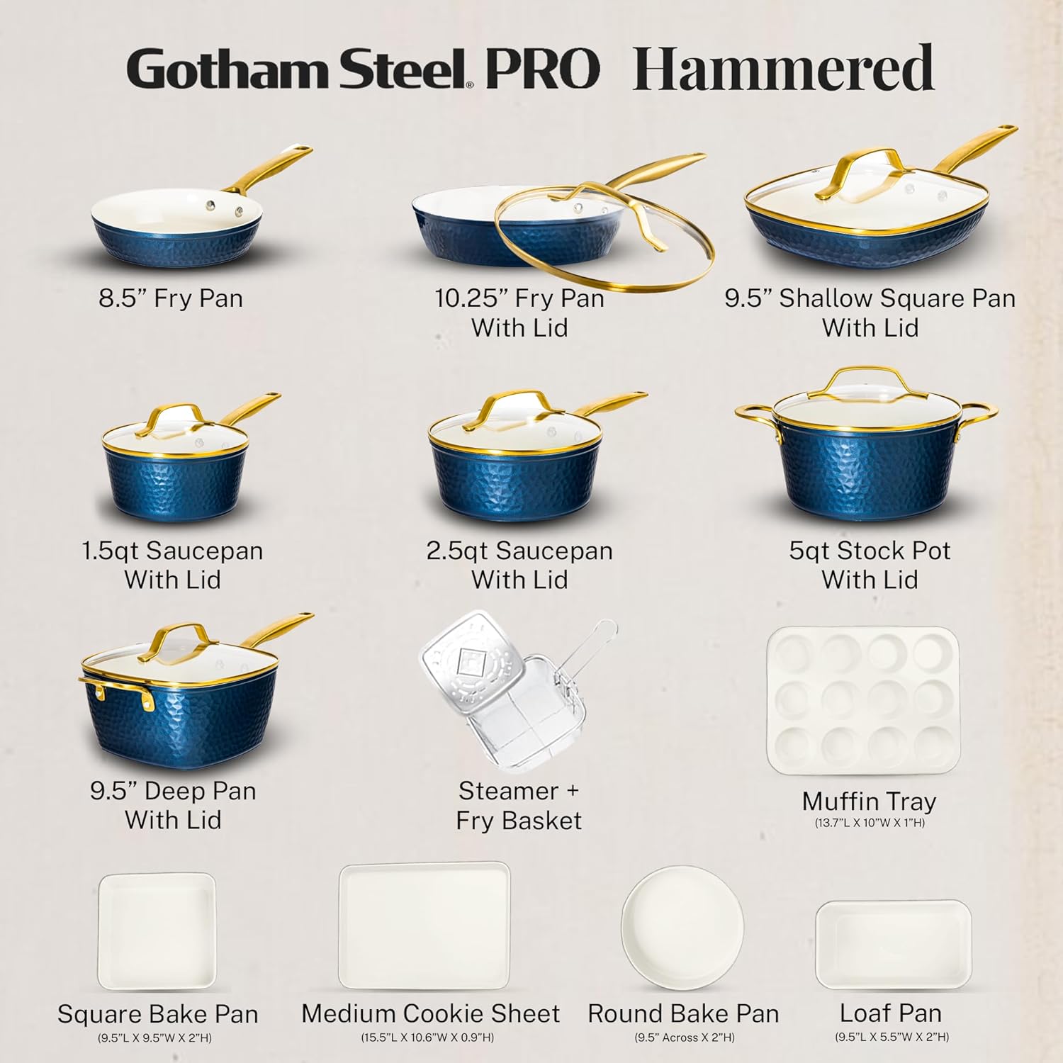 GOTHAM STEEL Hammered 20 Pc Ceramic Cookware Set Nonstick, Induction Pots and Pans Set Non Stick for Kitchen, Deep Pots and Pans for Cooking, Non Toxic Cookware Sets, Oven & Dishwasher Safe
