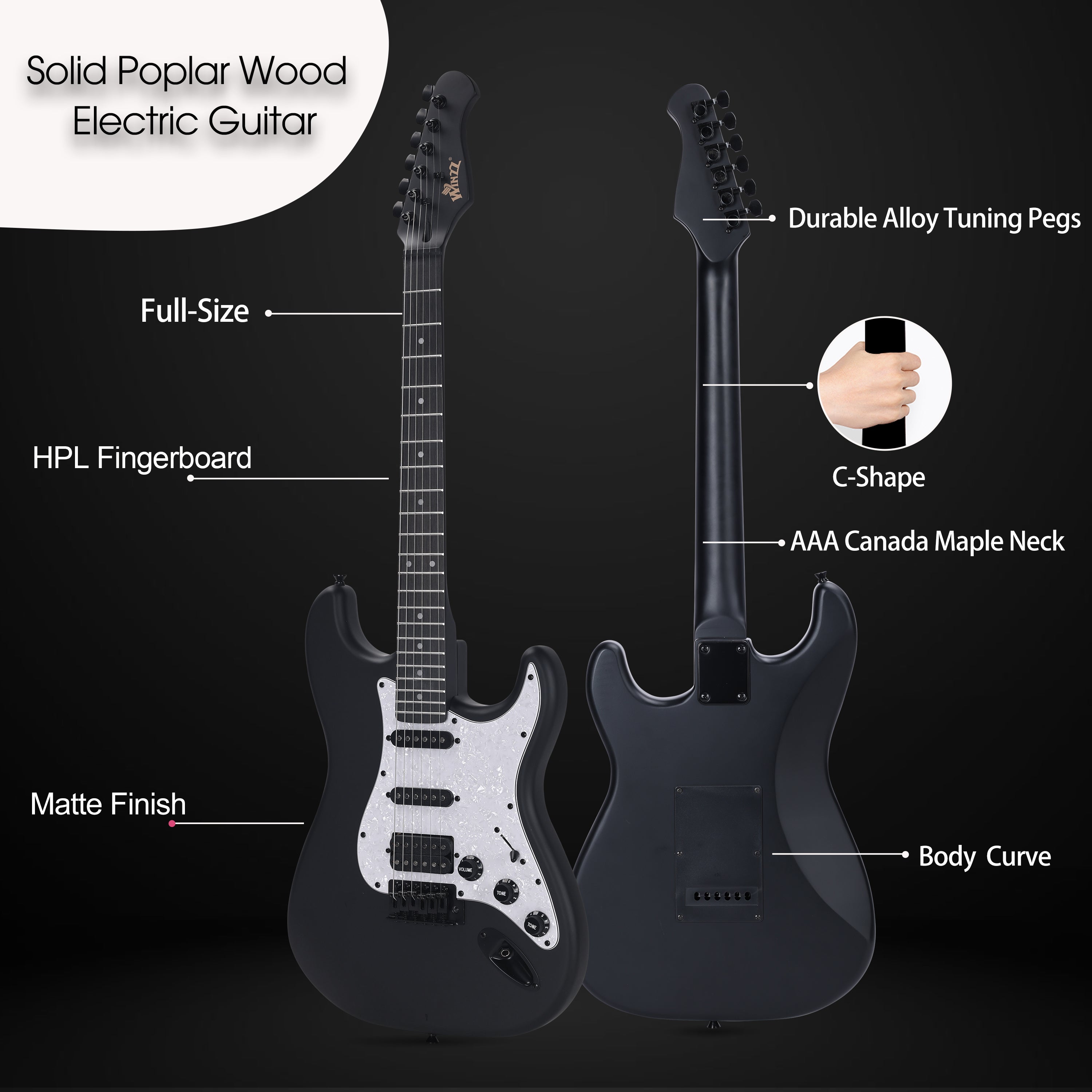 😍WINZZ Solid Poplar Wood Electric Guitar Set for Beginners - 39-Inch, Complete Starter Kit with Accessories