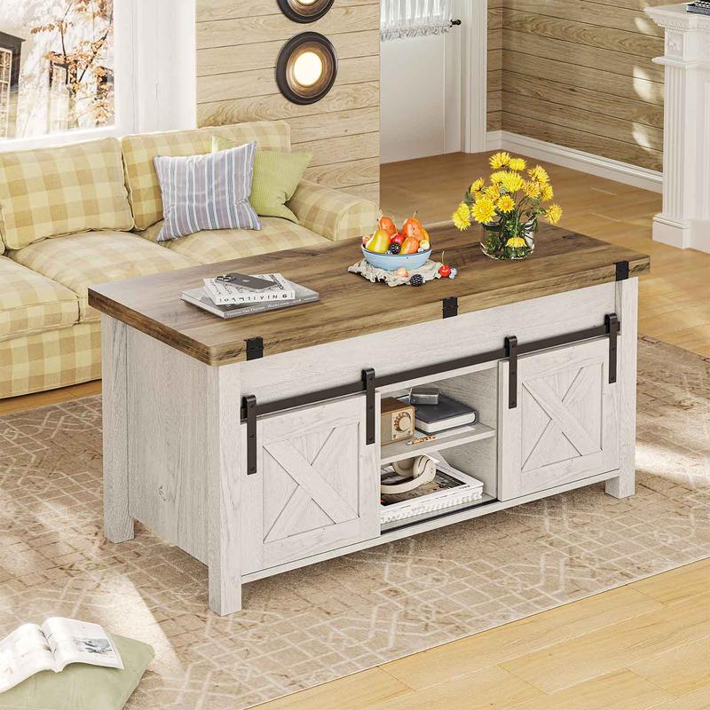 Lift Top Coffee Table, 4-in-1 Convertible Coffee Table with Storage & Hidden Compartment, Farmhouse Style Coffee Table Converts to Dining Table for Living Room
