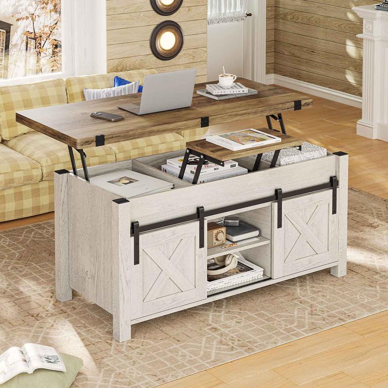 Lift Top Coffee Table, 4-in-1 Convertible Coffee Table with Storage & Hidden Compartment, Farmhouse Style Coffee Table Converts to Dining Table for Living Room