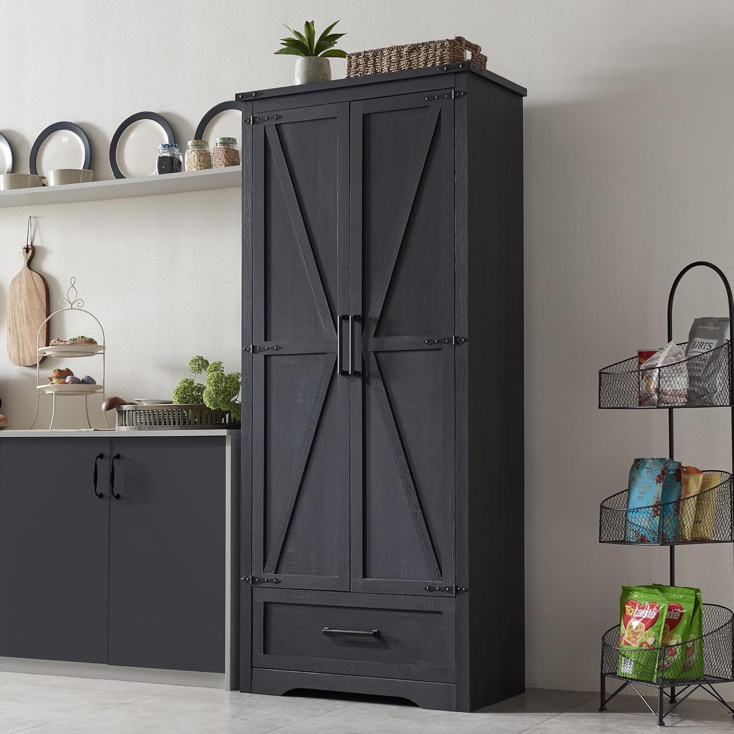 🔥【Last 19 pieces, buy 1 get 1 free】Farmhouse Kitchen Pantry Cabinet - 72 Tall Large Wood Kitchen Storage Cabinets with Adjustable Shelves & 2 Barn Doors & Drawer, Versatile Storage for Dining Room, Bathroom, Living Room, Antique Black