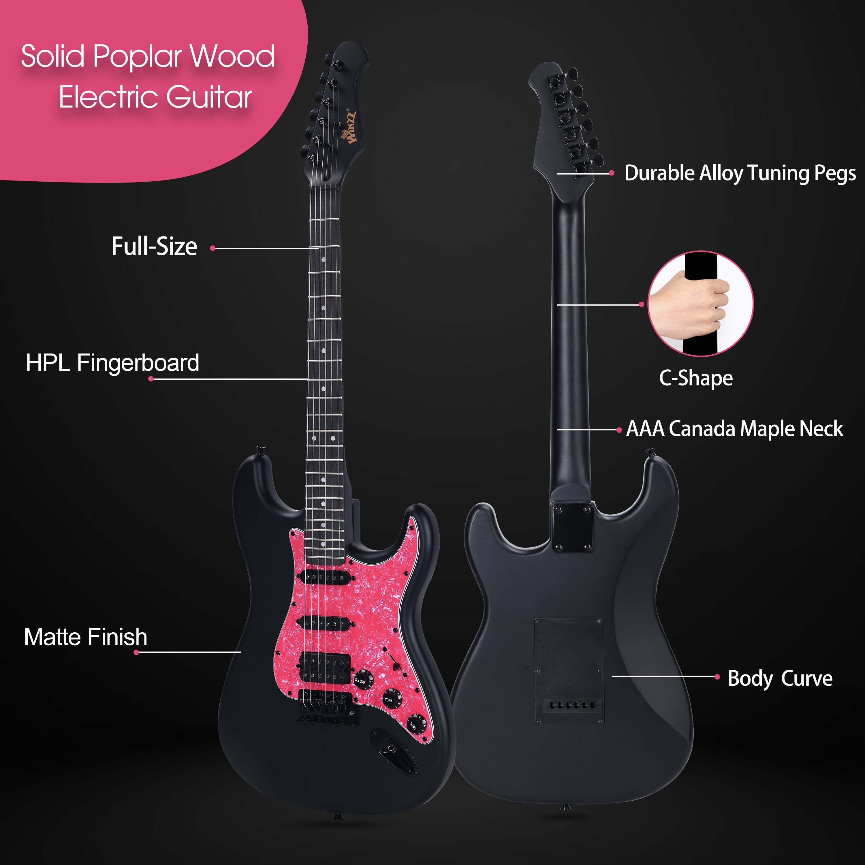 😍WINZZ Solid Poplar Wood Electric Guitar Set for Beginners - 39-Inch, Complete Starter Kit with Accessories