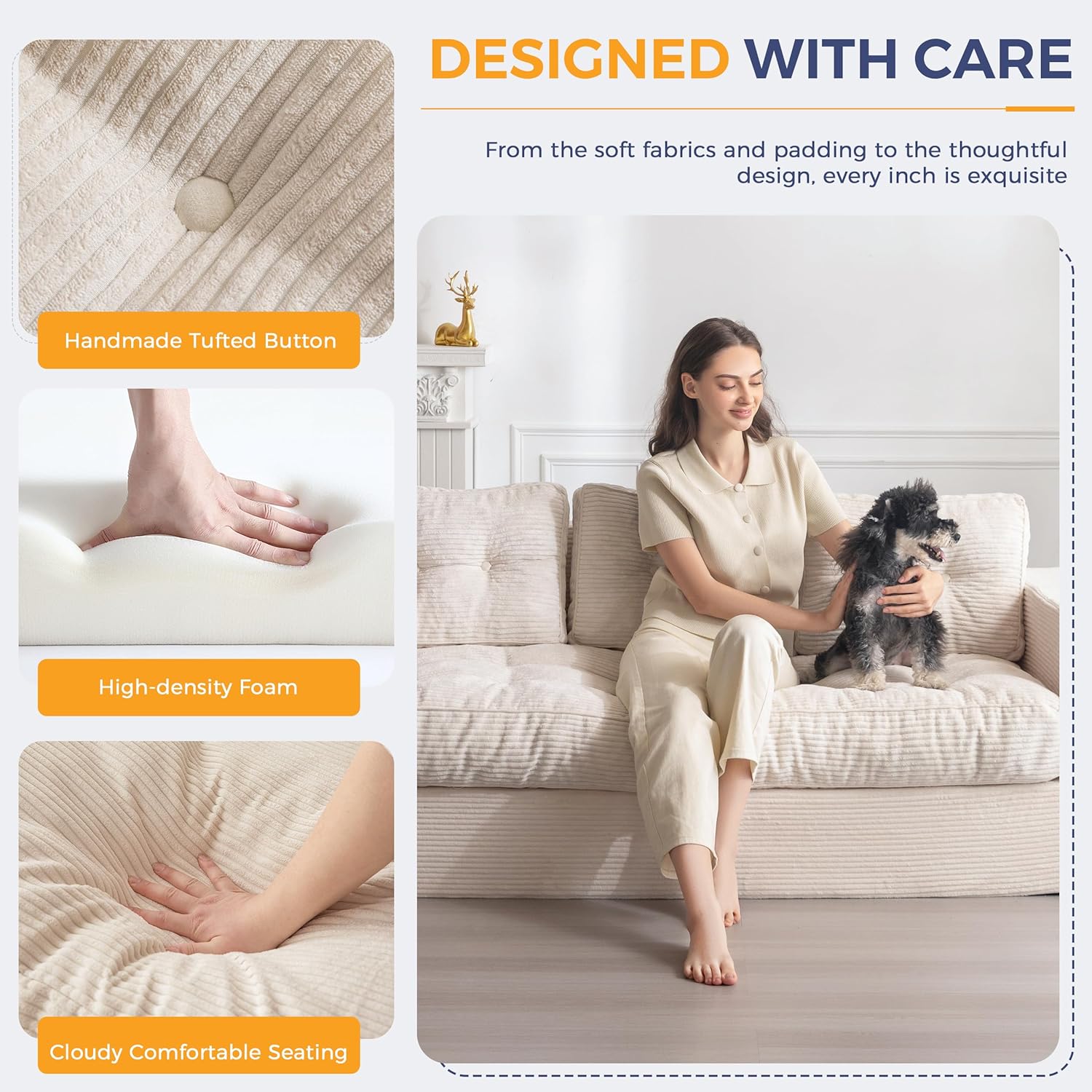 ✨【Buy 1 Get 1 Free】🔥MAXYOYO 3 Seater Couch for Living Room, Boneless Couch with Tufted Cushion & Backrest, Upholstered Floor Sofa with Armrests, Sofa in A Box, No Assembly Required（🎉Real and effective, first come first served）