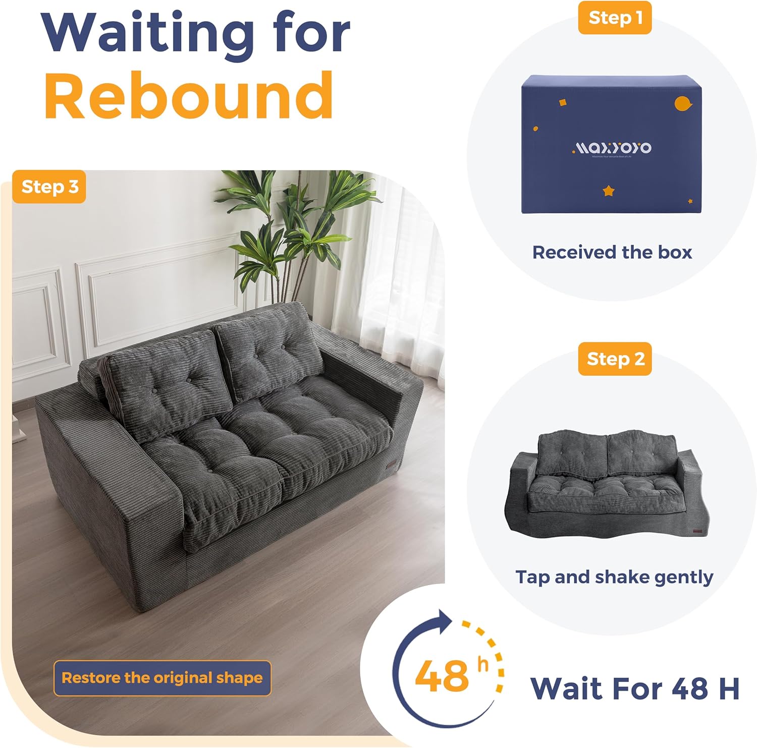 ✨【Buy 1 Get 1 Free】🔥MAXYOYO 3 Seater Couch for Living Room, Boneless Couch with Tufted Cushion & Backrest, Upholstered Floor Sofa with Armrests, Sofa in A Box, No Assembly Required（🎉Real and effective, first come first served）