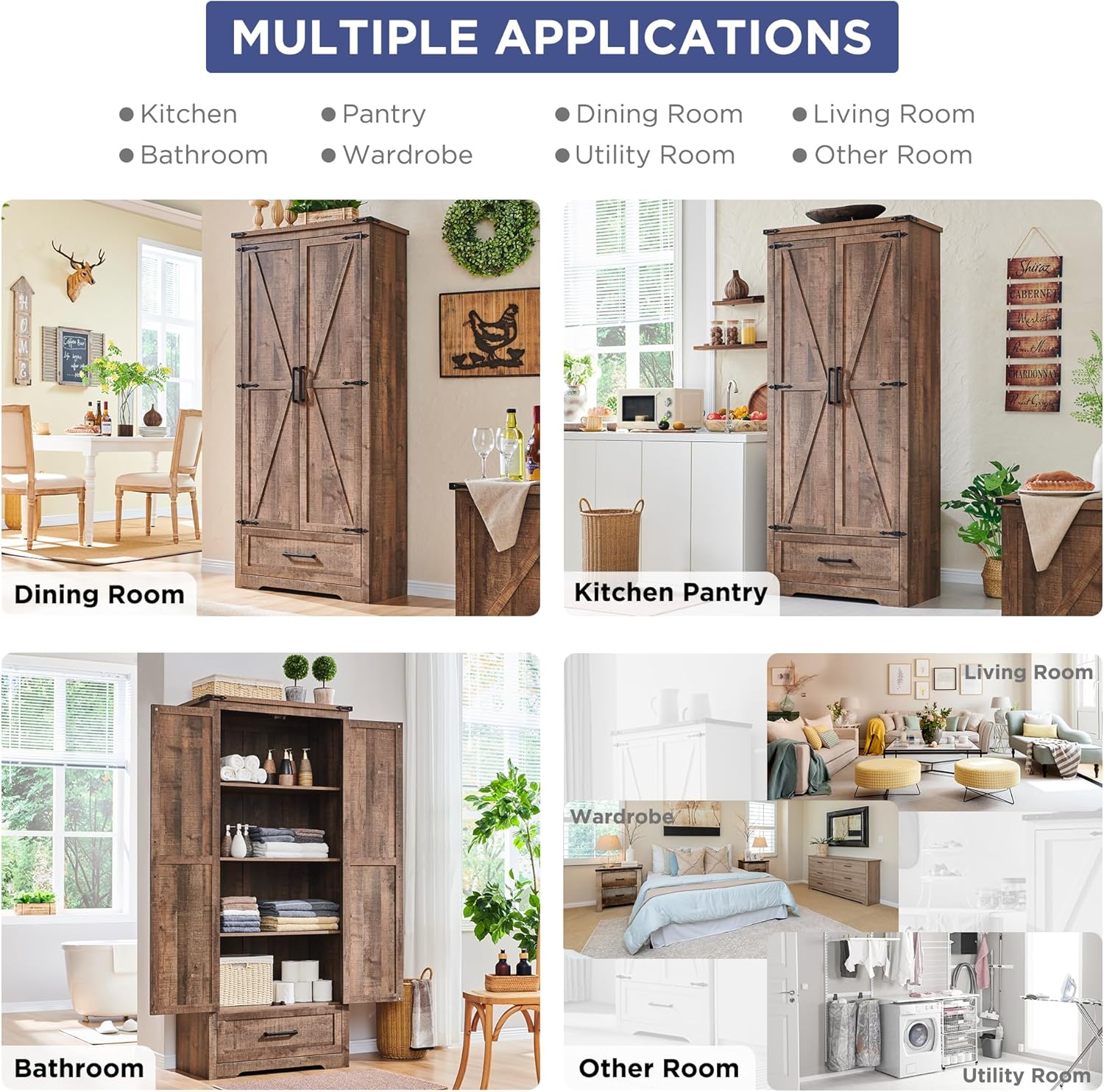 🔥【Last 19 pieces, buy 1 get 1 free】Farmhouse Kitchen Pantry Cabinet - 72 Tall Large Wood Kitchen Storage Cabinets with Adjustable Shelves & 2 Barn Doors & Drawer, Versatile Storage for Dining Room, Bathroom, Living Room, Antique Black