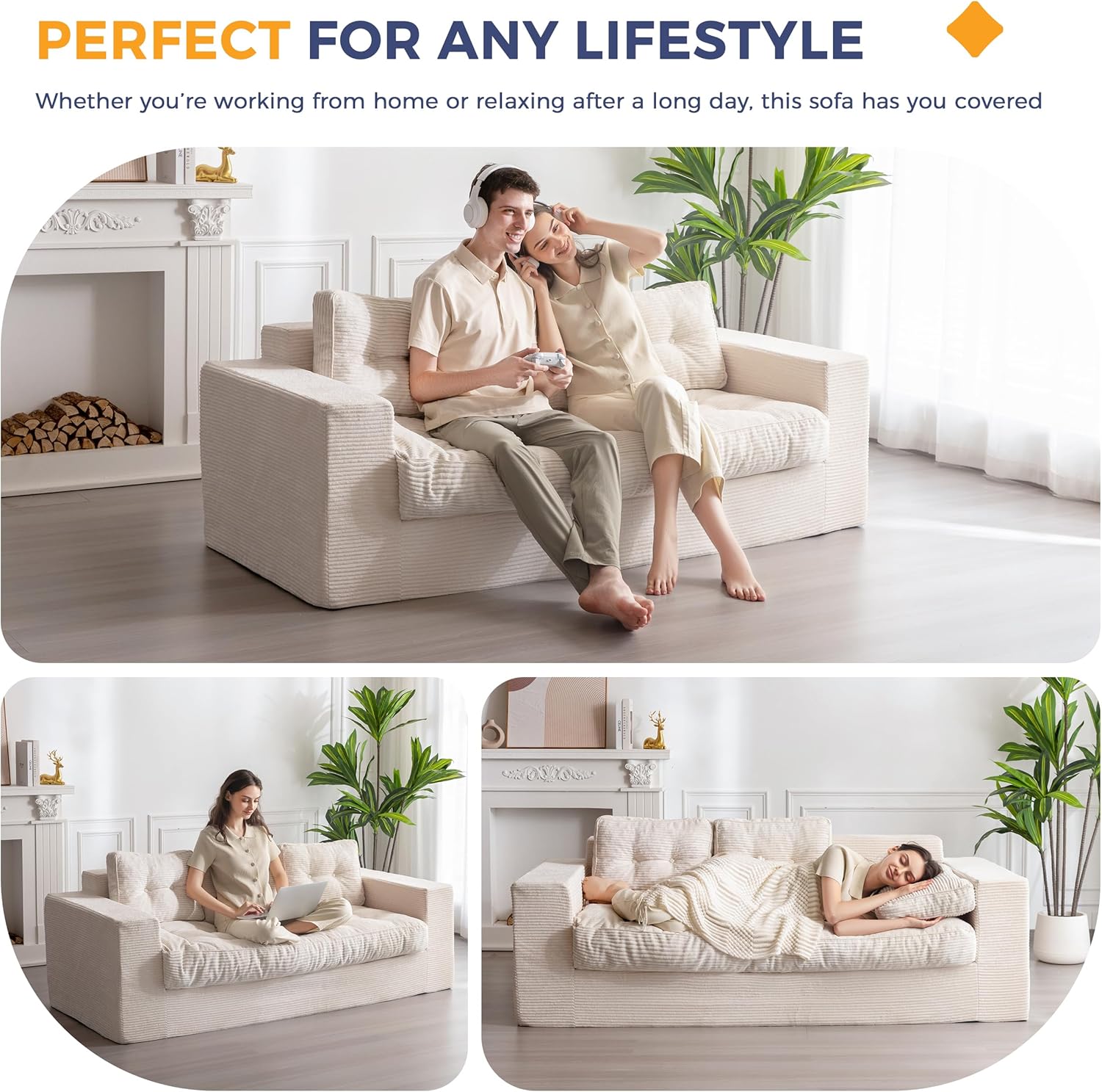 ✨【Buy 1 Get 1 Free】🔥MAXYOYO 3 Seater Couch for Living Room, Boneless Couch with Tufted Cushion & Backrest, Upholstered Floor Sofa with Armrests, Sofa in A Box, No Assembly Required（🎉Real and effective, first come first served）