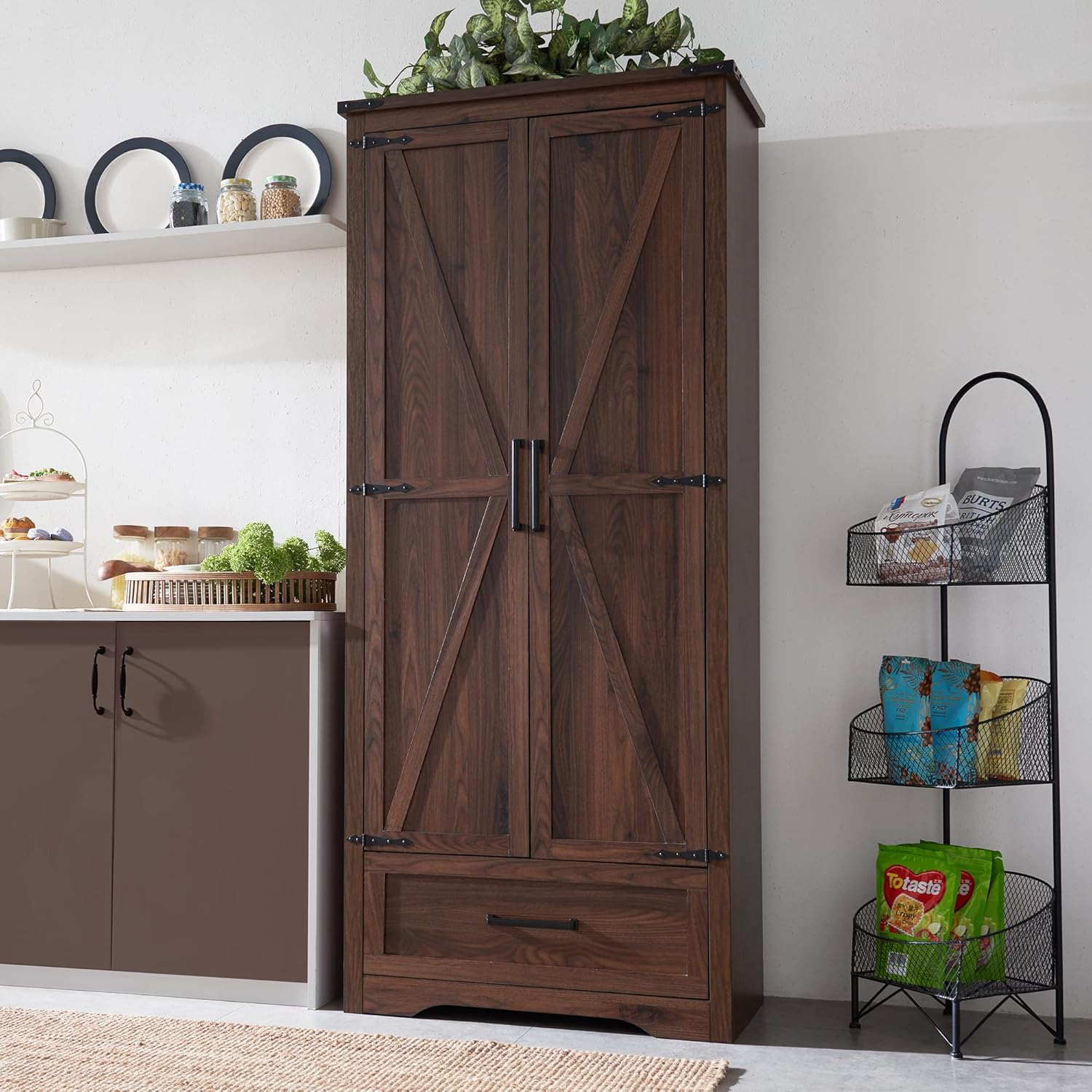 🔥【Last 19 pieces, buy 1 get 1 free】Farmhouse Kitchen Pantry Cabinet - 72 Tall Large Wood Kitchen Storage Cabinets with Adjustable Shelves & 2 Barn Doors & Drawer, Versatile Storage for Dining Room, Bathroom, Living Room, Antique Black