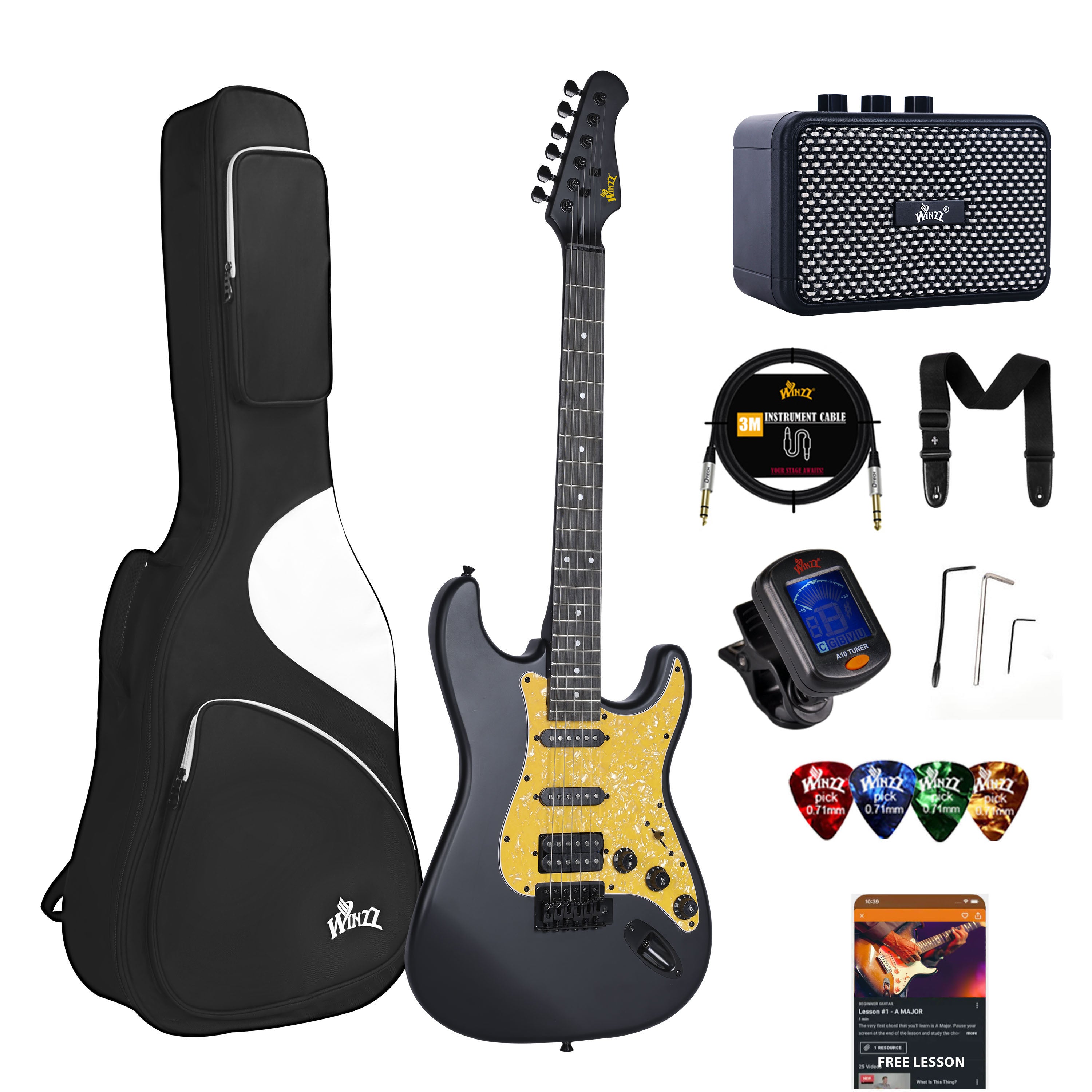 😍WINZZ Solid Poplar Wood Electric Guitar Set for Beginners - 39-Inch, Complete Starter Kit with Accessories