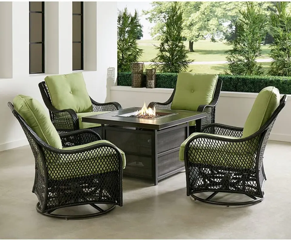 🔥Big price cuts!🔥 Orleans 5-Piece Steel Patio Fire Pit Conversation Set with Navy Blue Cushions, Swivel Gliders and Square Fire Pit Table