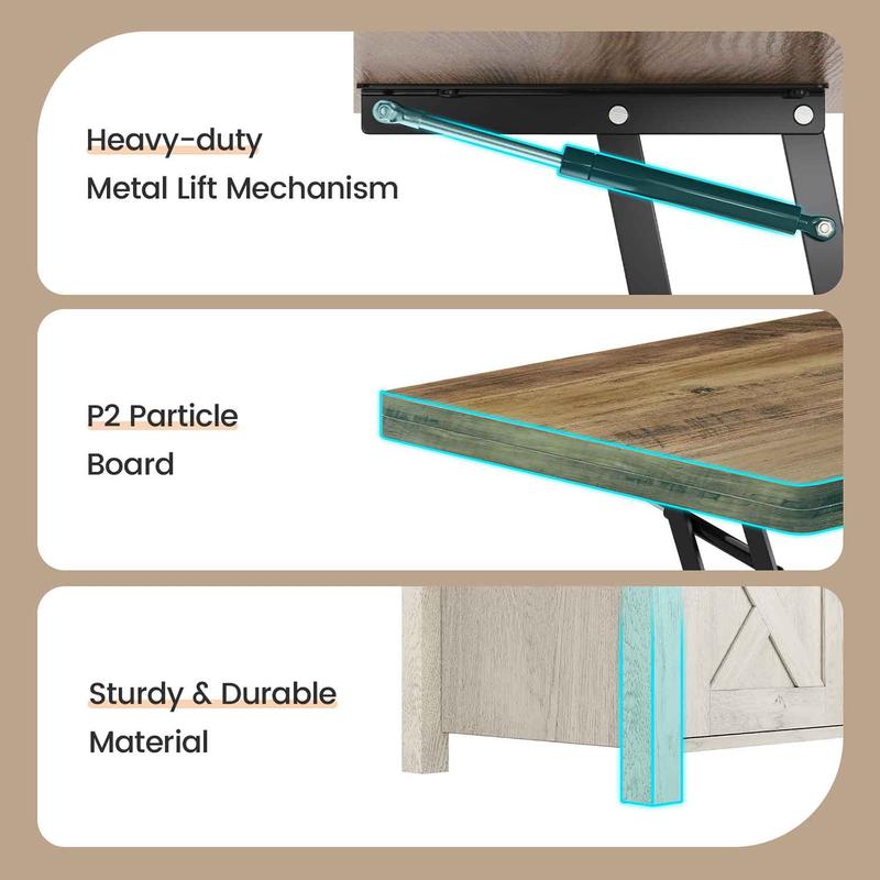 Lift Top Coffee Table, 4-in-1 Convertible Coffee Table with Storage & Hidden Compartment, Farmhouse Style Coffee Table Converts to Dining Table for Living Room