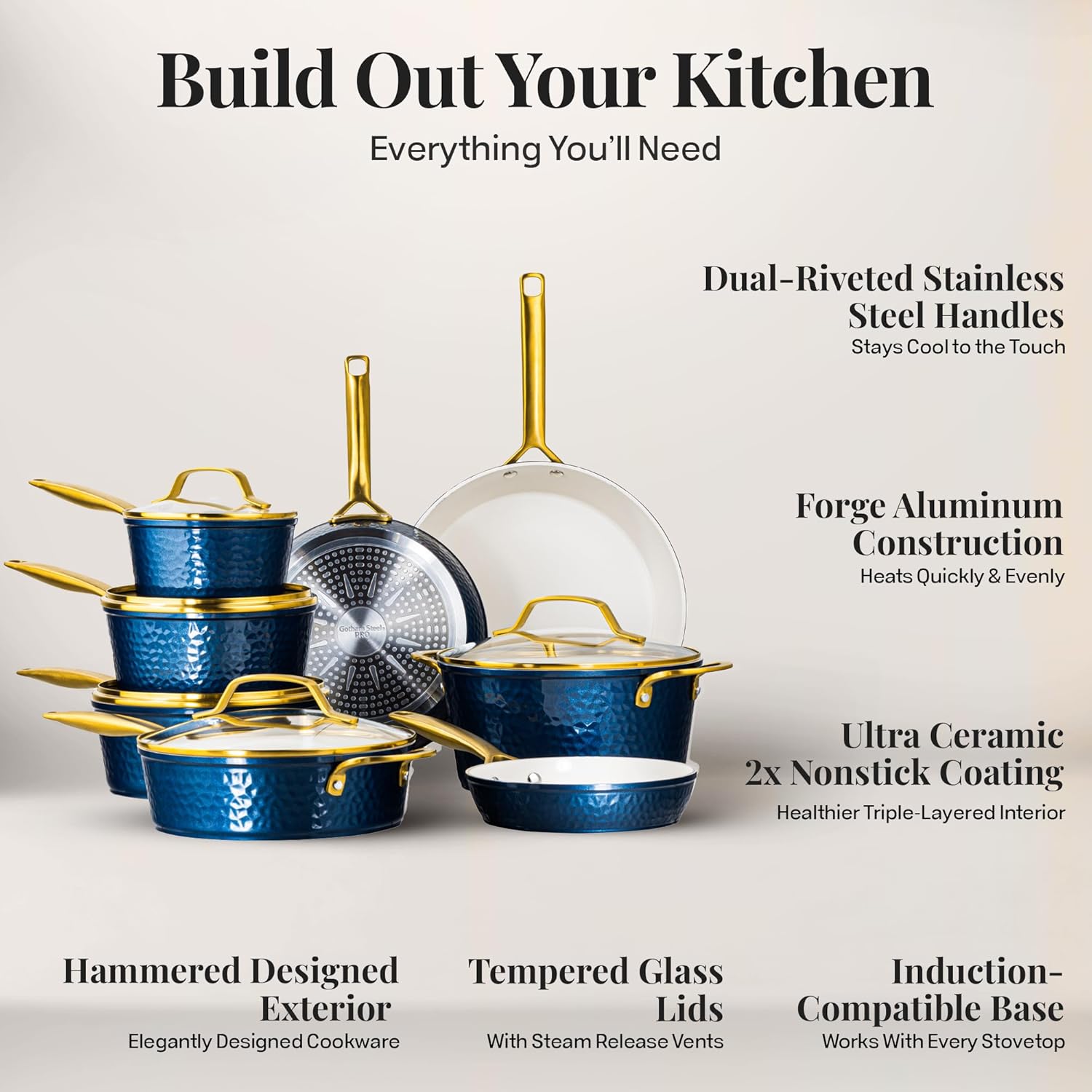 GOTHAM STEEL Hammered 20 Pc Ceramic Cookware Set Nonstick, Induction Pots and Pans Set Non Stick for Kitchen, Deep Pots and Pans for Cooking, Non Toxic Cookware Sets, Oven & Dishwasher Safe