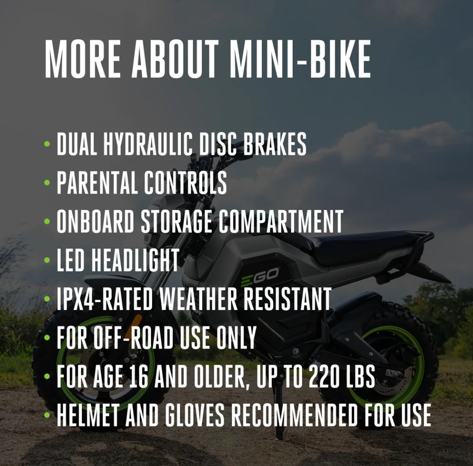 🎉【Mid-year sale - 90% off】EGO POWER+ Battery Powered Electric Mini Bike, 28 MPH, Includes (2) 56V 7.5Ah Batteries and Charger - MB1005-2