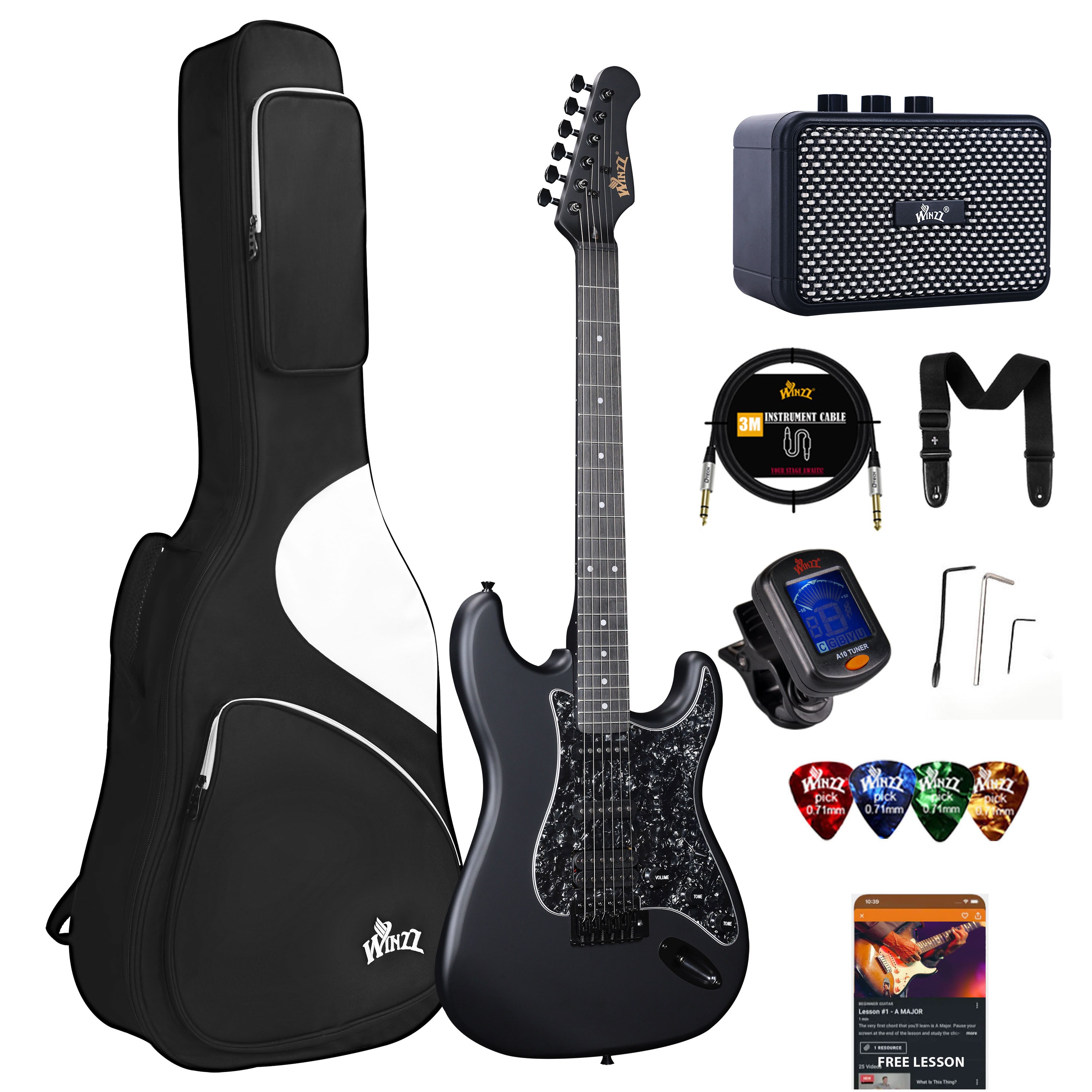 😍WINZZ Solid Poplar Wood Electric Guitar Set for Beginners - 39-Inch, Complete Starter Kit with Accessories