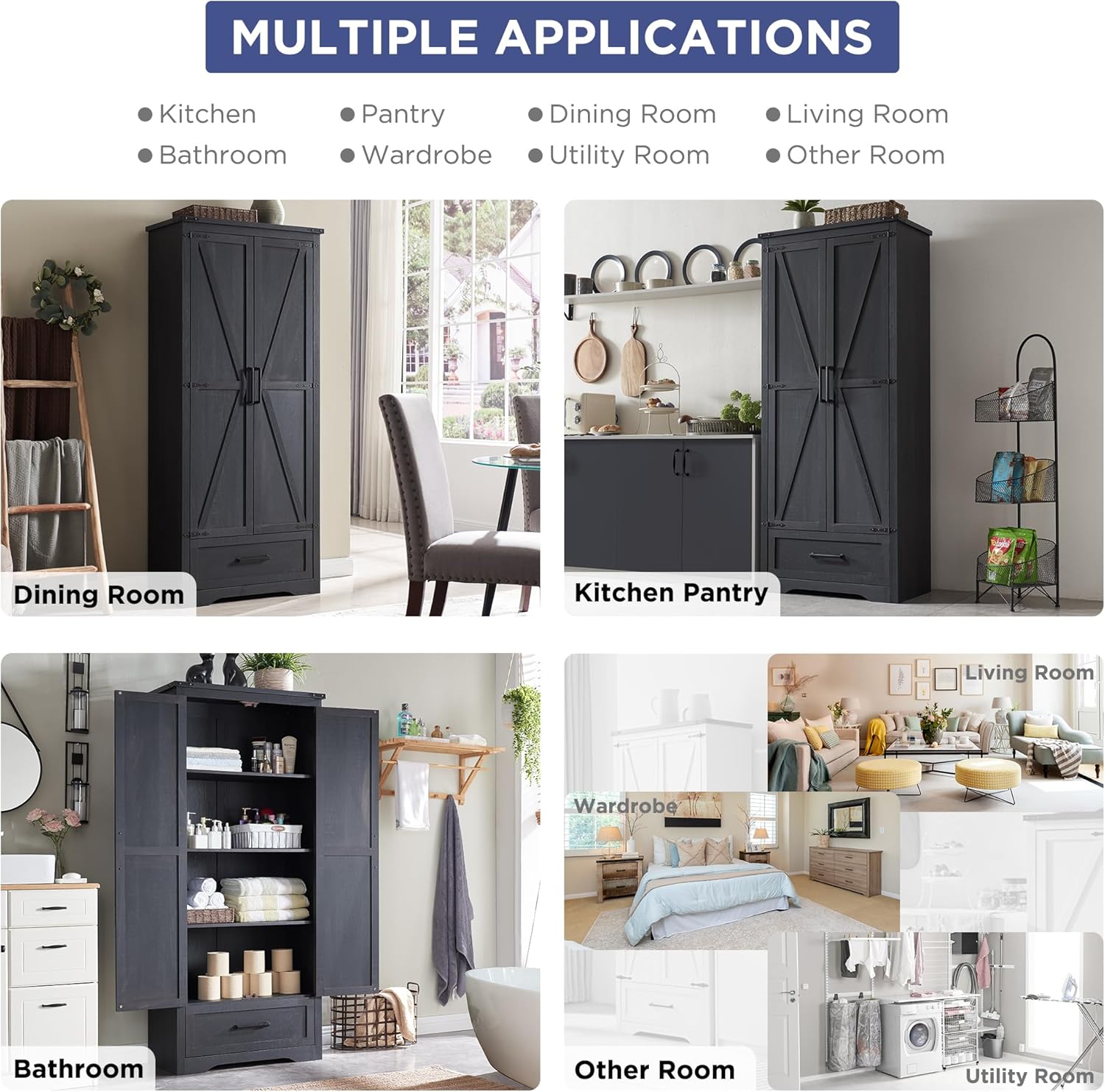 🔥【Last 19 pieces, buy 1 get 1 free】Farmhouse Kitchen Pantry Cabinet - 72 Tall Large Wood Kitchen Storage Cabinets with Adjustable Shelves & 2 Barn Doors & Drawer, Versatile Storage for Dining Room, Bathroom, Living Room, Antique Black