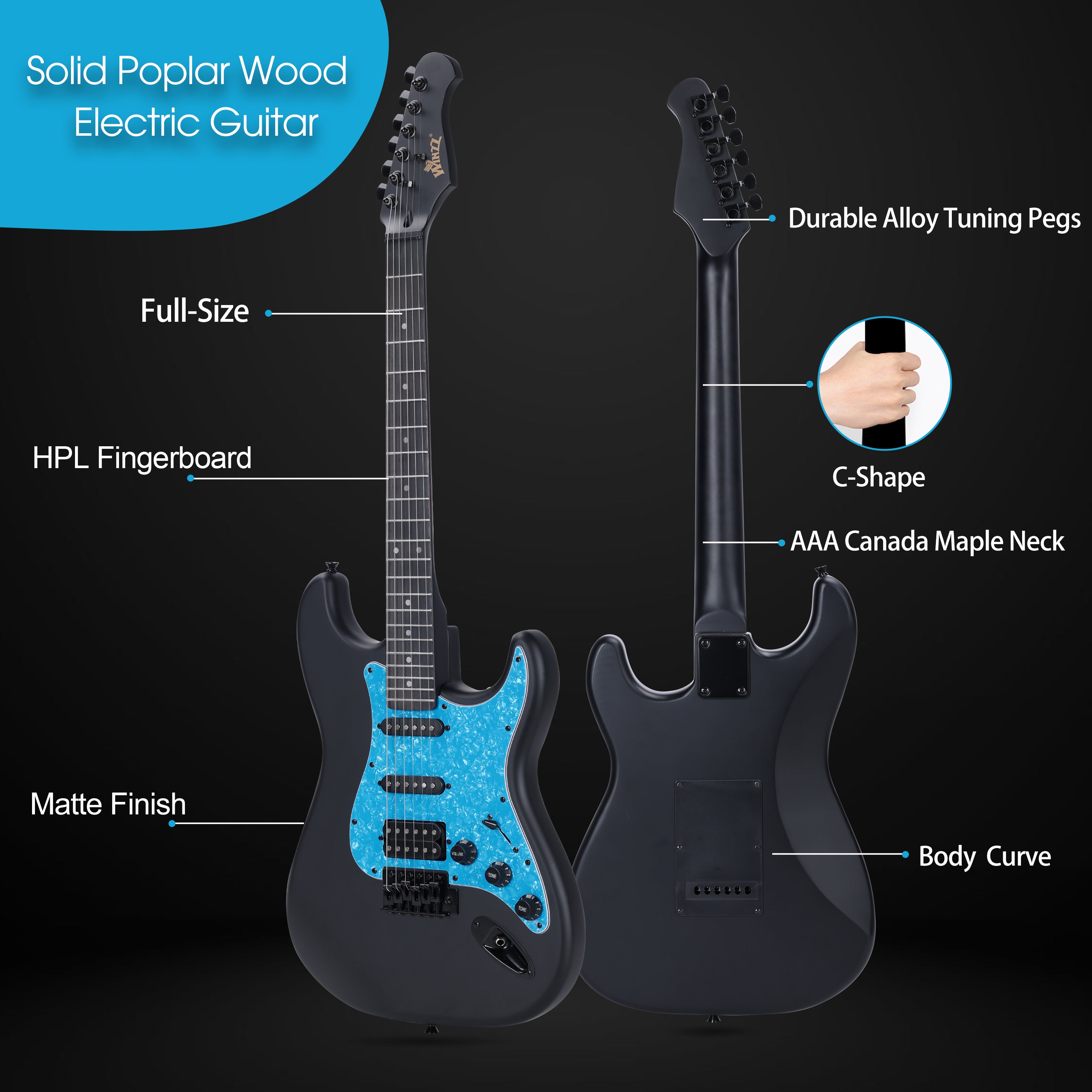 😍WINZZ Solid Poplar Wood Electric Guitar Set for Beginners - 39-Inch, Complete Starter Kit with Accessories
