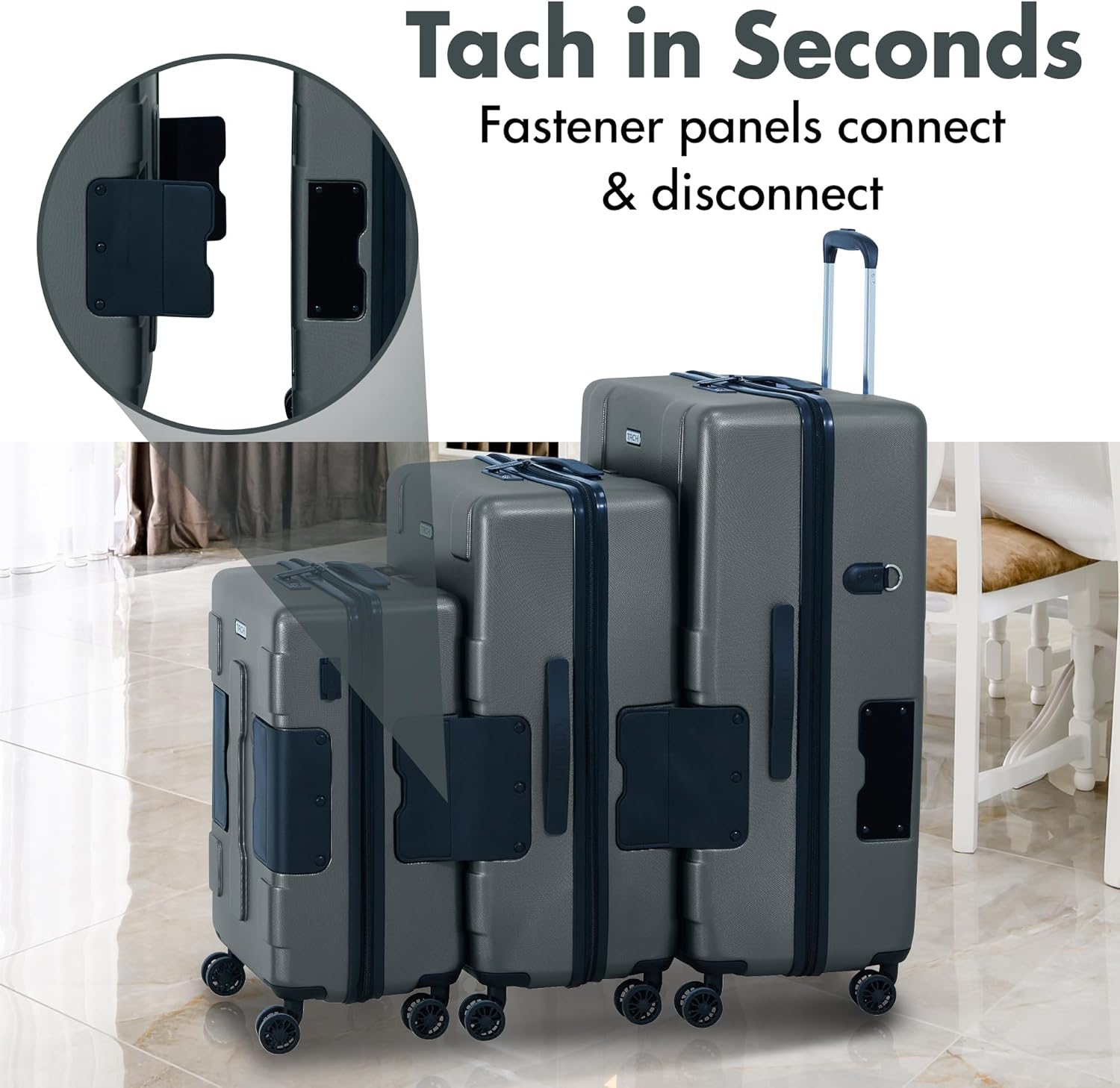 🔥【Last Day For Clearance】Tach V3.1 Connectable Carry On, Medium and Large Hardside Suitcases with Adjustable Handle and 360 Degree Spinner Wheels, a Set of 3