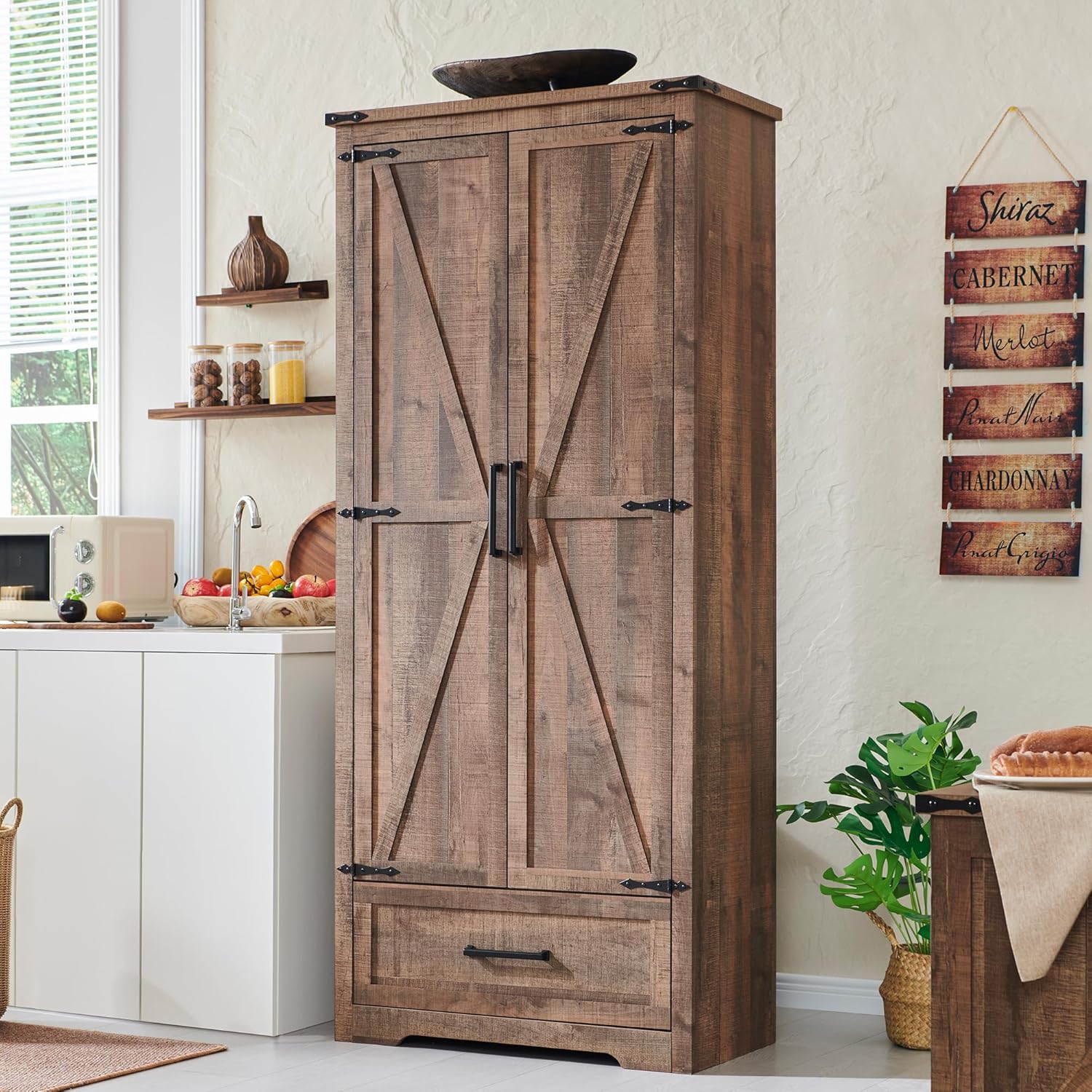 🔥【Last 19 pieces, buy 1 get 1 free】Farmhouse Kitchen Pantry Cabinet - 72 Tall Large Wood Kitchen Storage Cabinets with Adjustable Shelves & 2 Barn Doors & Drawer, Versatile Storage for Dining Room, Bathroom, Living Room, Antique Black