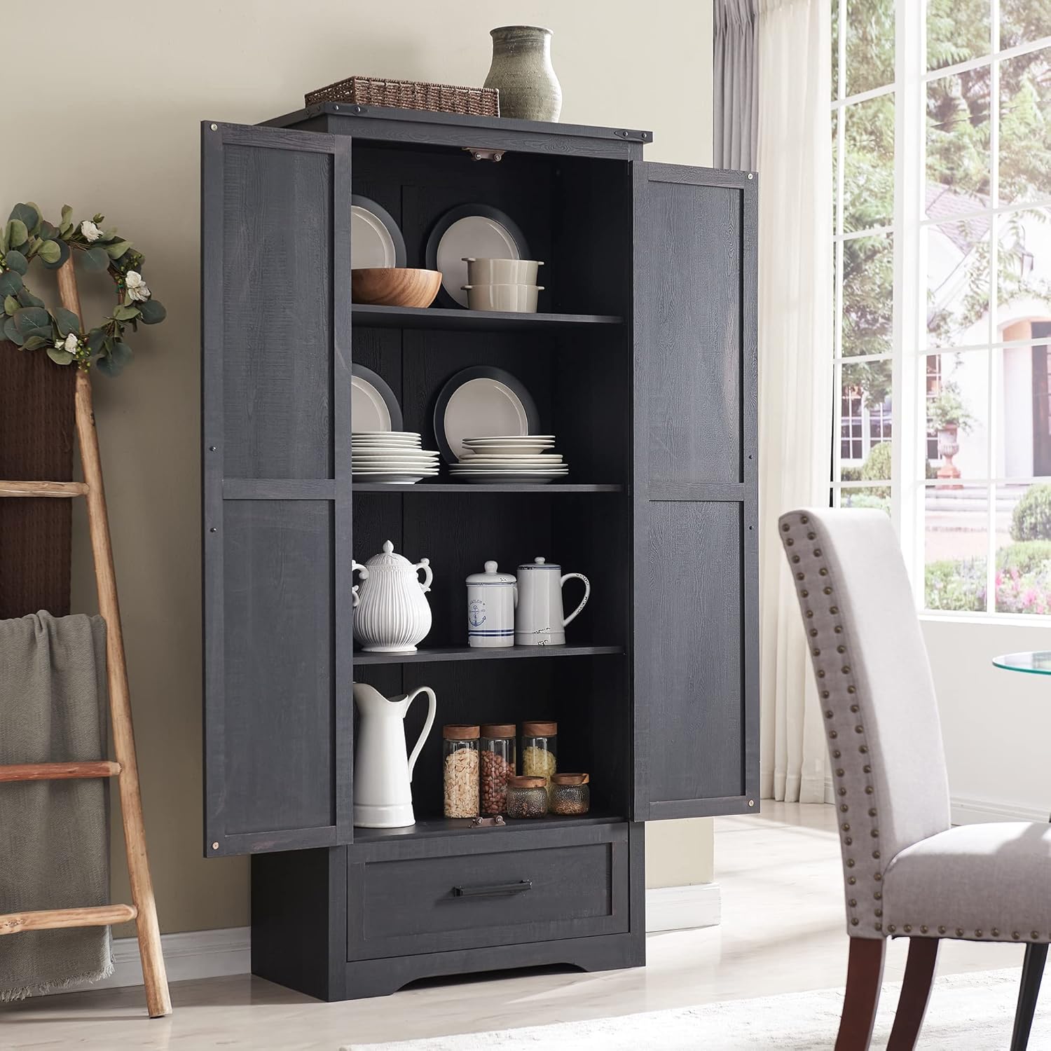 🔥【Last 19 pieces, buy 1 get 1 free】Farmhouse Kitchen Pantry Cabinet - 72 Tall Large Wood Kitchen Storage Cabinets with Adjustable Shelves & 2 Barn Doors & Drawer, Versatile Storage for Dining Room, Bathroom, Living Room, Antique Black