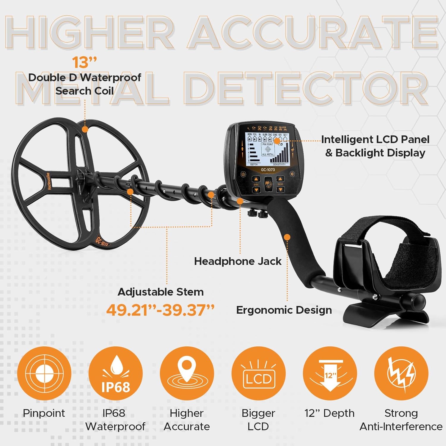 13 Metal Detector for Adults Professional, Double-D Waterproof Search Coil Gold Finder with Pinpoint, High Sensitivity DISC Mode, LCD Backlight Display Gold Detector