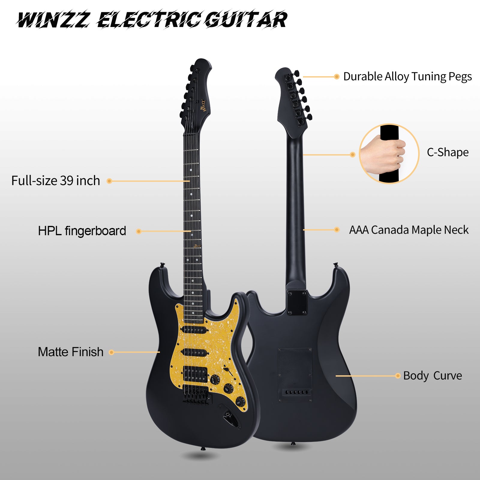 😍WINZZ Solid Poplar Wood Electric Guitar Set for Beginners - 39-Inch, Complete Starter Kit with Accessories