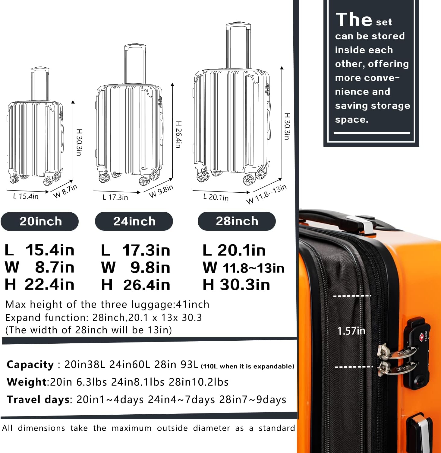 Coolife Luggage Expandable 5 Piece Sets PC+ABS Spinner Suitcase 20 inch 24 inch 28 inch (orange new)