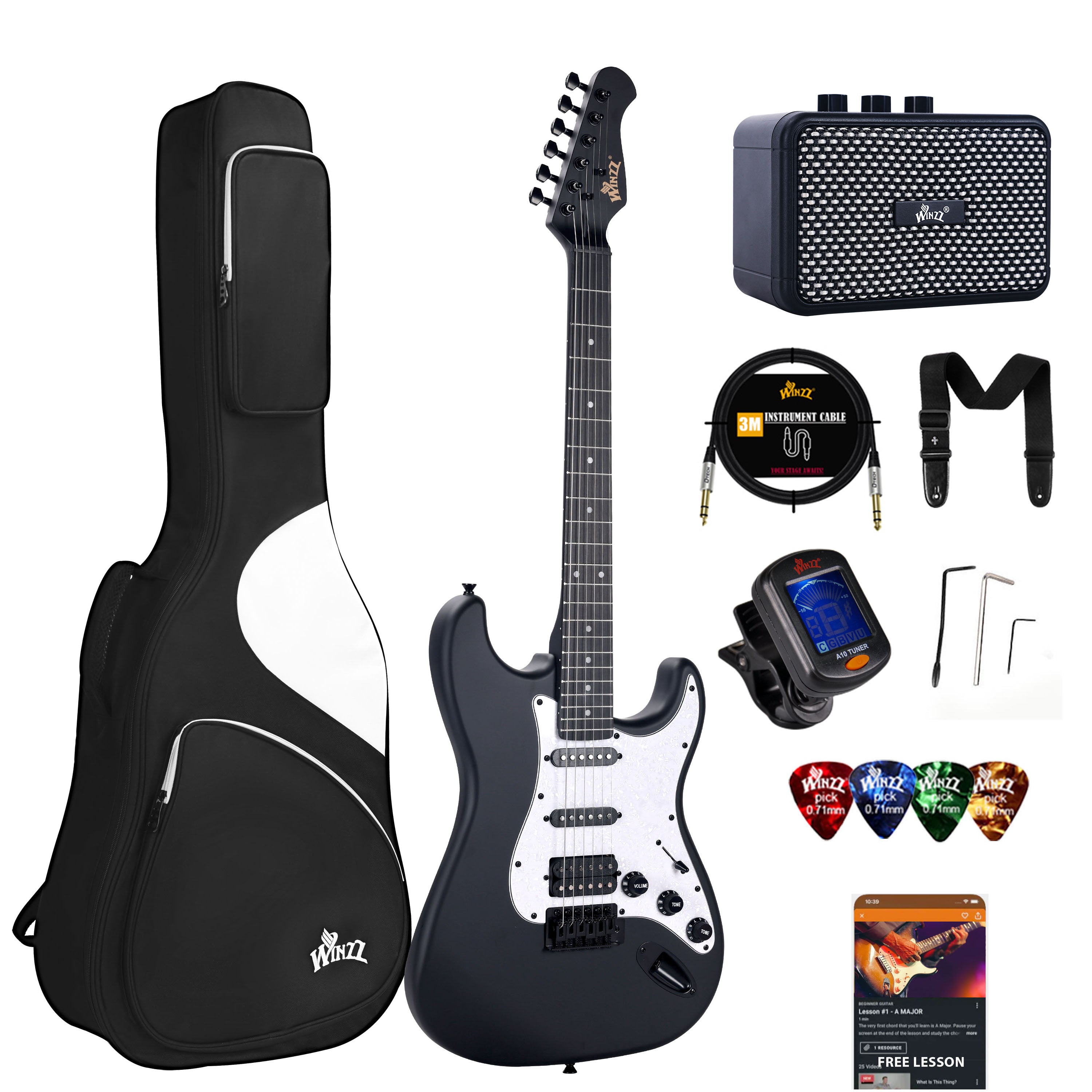 😍WINZZ Solid Poplar Wood Electric Guitar Set for Beginners - 39-Inch, Complete Starter Kit with Accessories