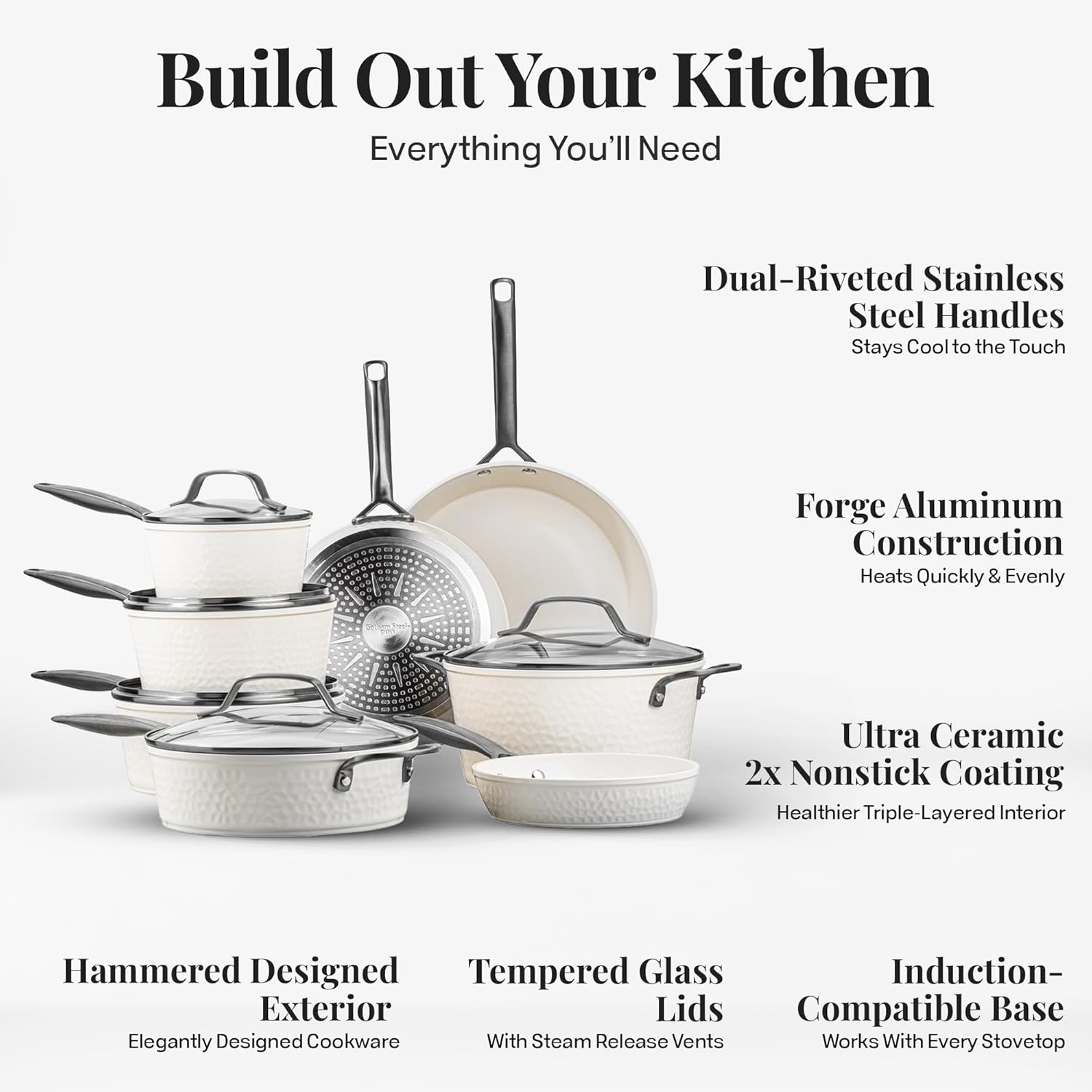 GOTHAM STEEL Hammered 20 Pc Ceramic Cookware Set Nonstick, Induction Pots and Pans Set Non Stick for Kitchen, Deep Pots and Pans for Cooking, Non Toxic Cookware Sets, Oven & Dishwasher Safe