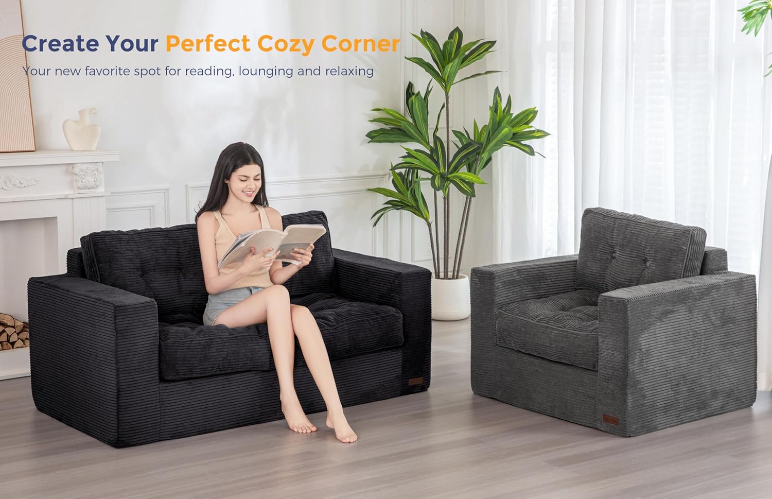 ✨【Buy 1 Get 1 Free】🔥MAXYOYO 3 Seater Couch for Living Room, Boneless Couch with Tufted Cushion & Backrest, Upholstered Floor Sofa with Armrests, Sofa in A Box, No Assembly Required（🎉Real and effective, first come first served）