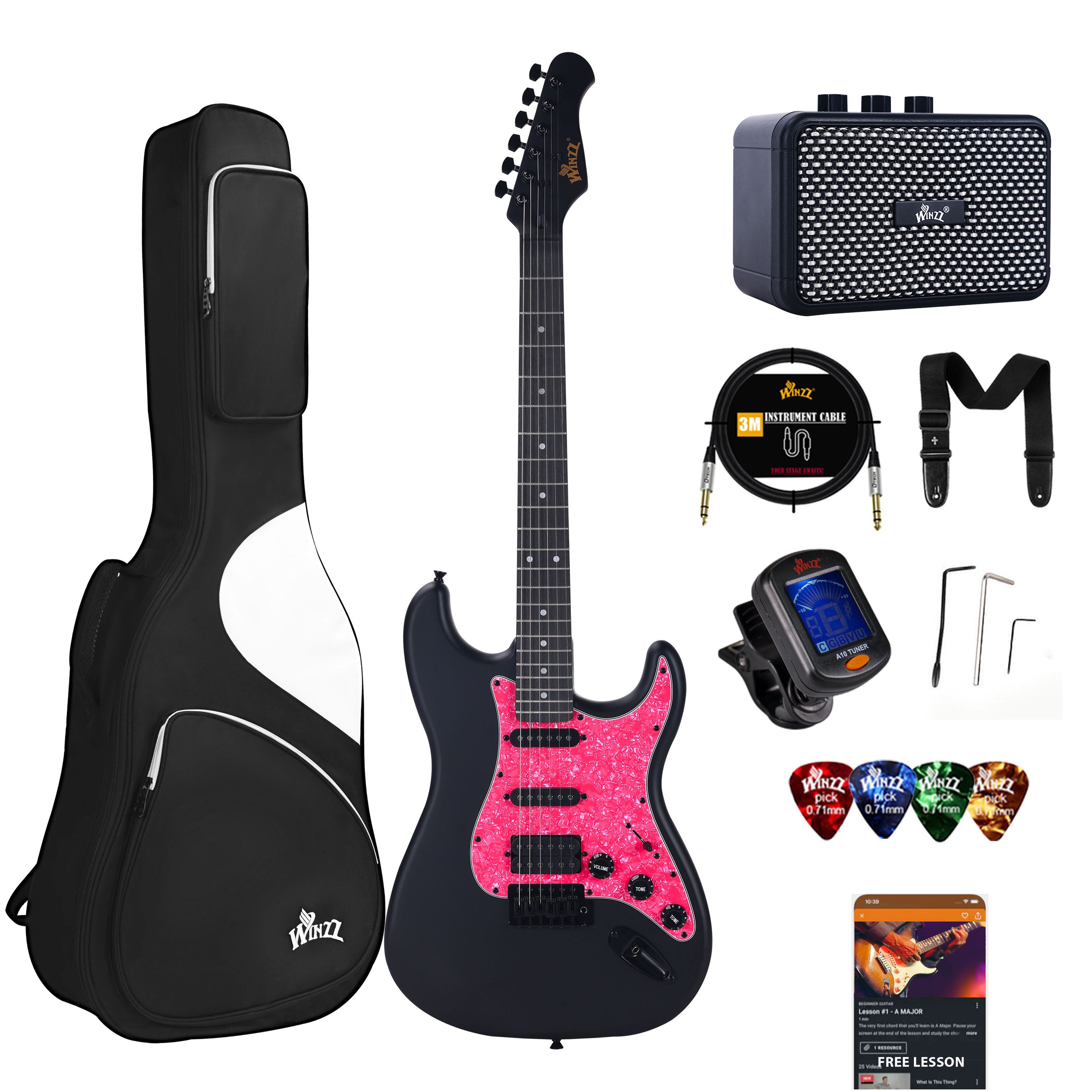 😍WINZZ Solid Poplar Wood Electric Guitar Set for Beginners - 39-Inch, Complete Starter Kit with Accessories