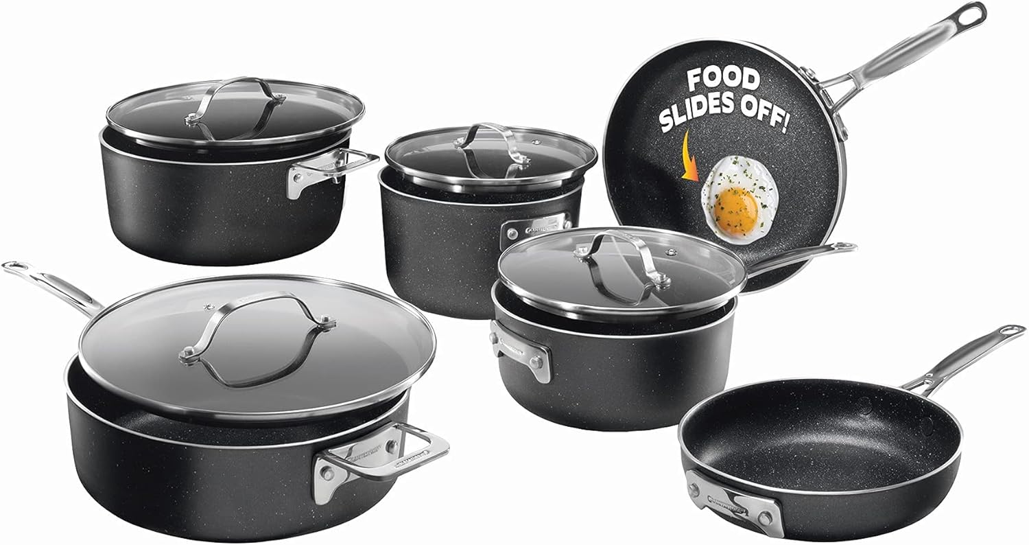 🔥🔥🔥【Last day, historical lowest price】Granitestone Original Stack Master 10 Piece Cookware Set, Triple Layer Nonstick Granite Stone with Diamond infused Coating, Dishwasher Oven Safe, Non-Toxic Pots and Pans
