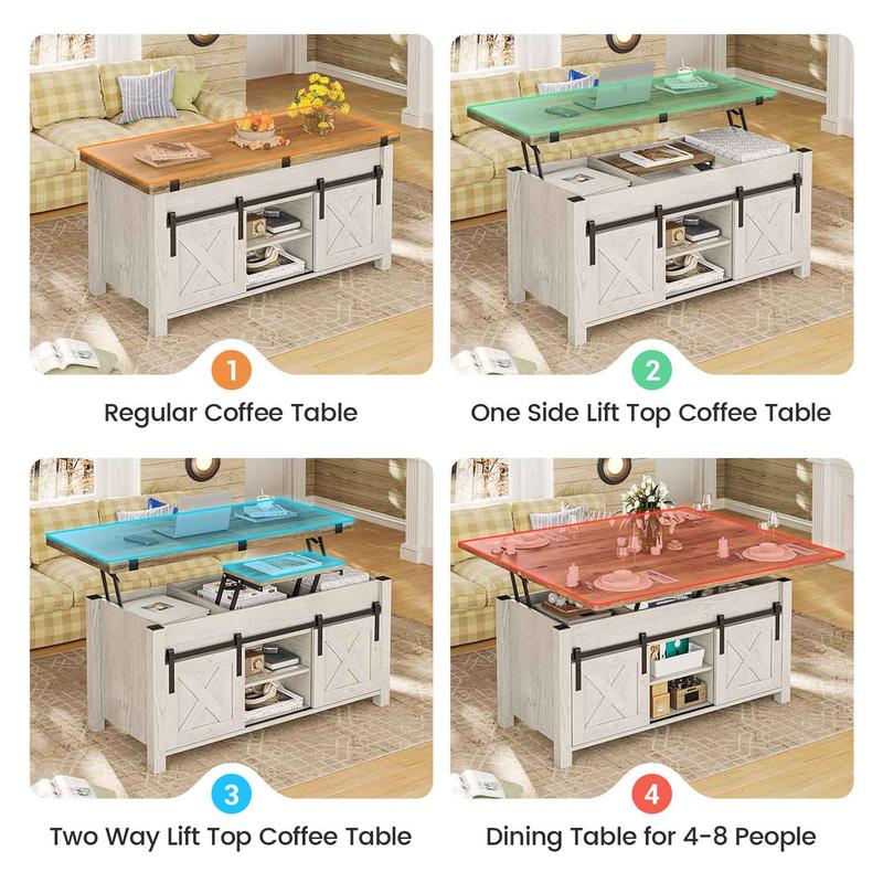 Lift Top Coffee Table, 4-in-1 Convertible Coffee Table with Storage & Hidden Compartment, Farmhouse Style Coffee Table Converts to Dining Table for Living Room