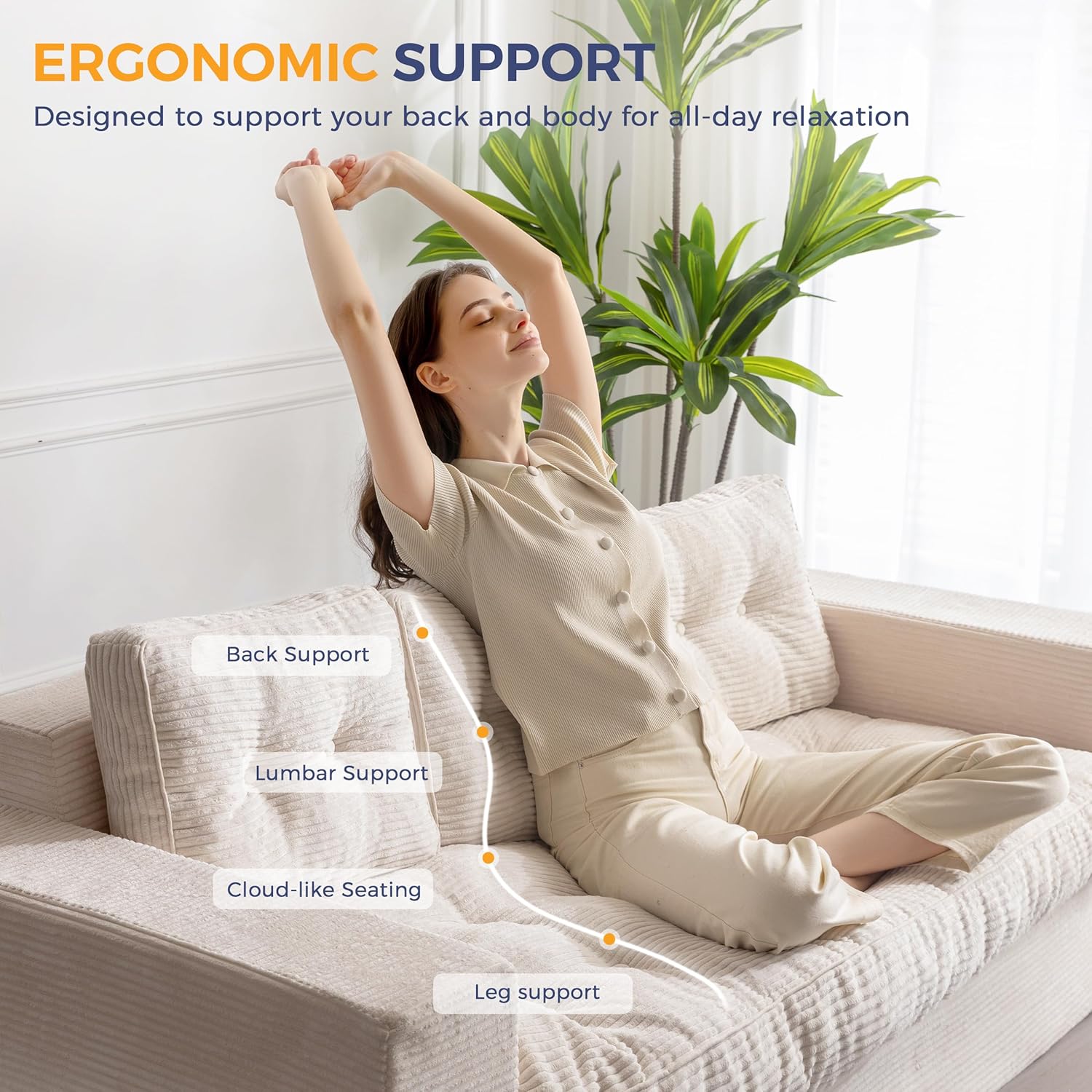 ✨【Buy 1 Get 1 Free】🔥MAXYOYO 3 Seater Couch for Living Room, Boneless Couch with Tufted Cushion & Backrest, Upholstered Floor Sofa with Armrests, Sofa in A Box, No Assembly Required（🎉Real and effective, first come first served）