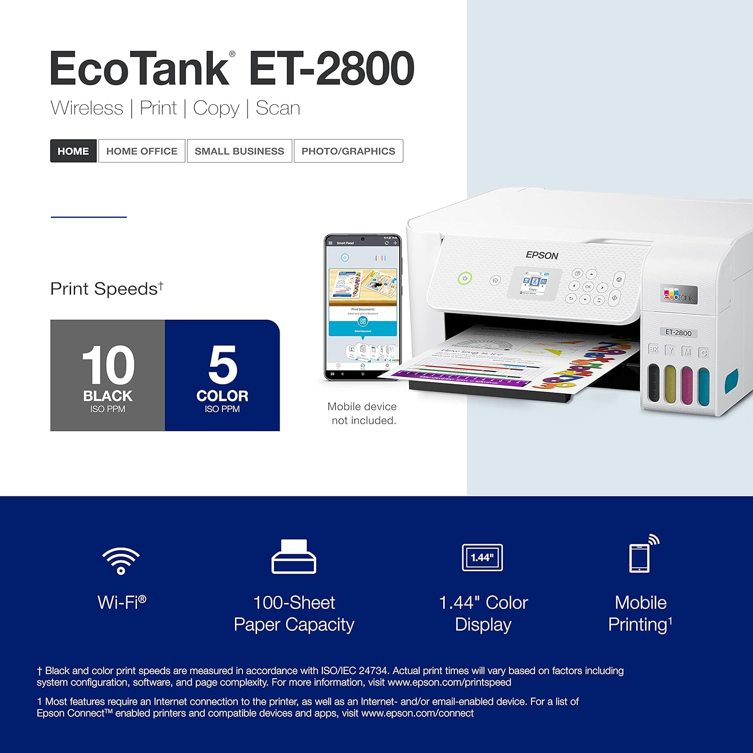 Epson EcoTank ET-2800 Wireless Color All-in-One Cartridge-Free Supertank Printer with Scan and Copy â€“ The Ideal Basic Home Printer - Black, Medium