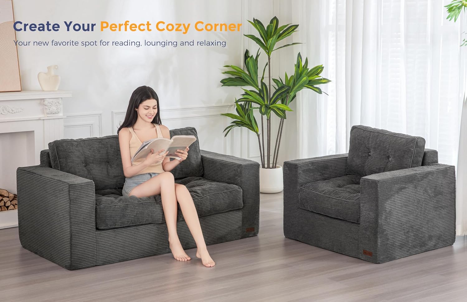 ✨【Buy 1 Get 1 Free】🔥MAXYOYO 3 Seater Couch for Living Room, Boneless Couch with Tufted Cushion & Backrest, Upholstered Floor Sofa with Armrests, Sofa in A Box, No Assembly Required（🎉Real and effective, first come first served）