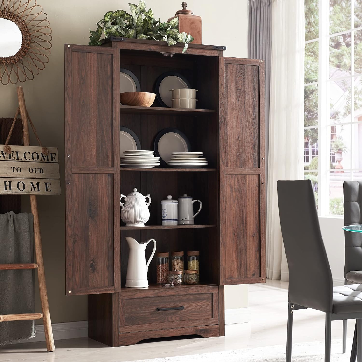 🔥【Last 19 pieces, buy 1 get 1 free】Farmhouse Kitchen Pantry Cabinet - 72 Tall Large Wood Kitchen Storage Cabinets with Adjustable Shelves & 2 Barn Doors & Drawer, Versatile Storage for Dining Room, Bathroom, Living Room, Antique Black