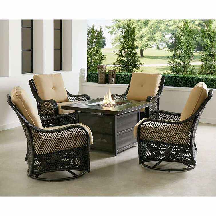 🔥Big price cuts!🔥 Orleans 5-Piece Steel Patio Fire Pit Conversation Set with Navy Blue Cushions, Swivel Gliders and Square Fire Pit Table