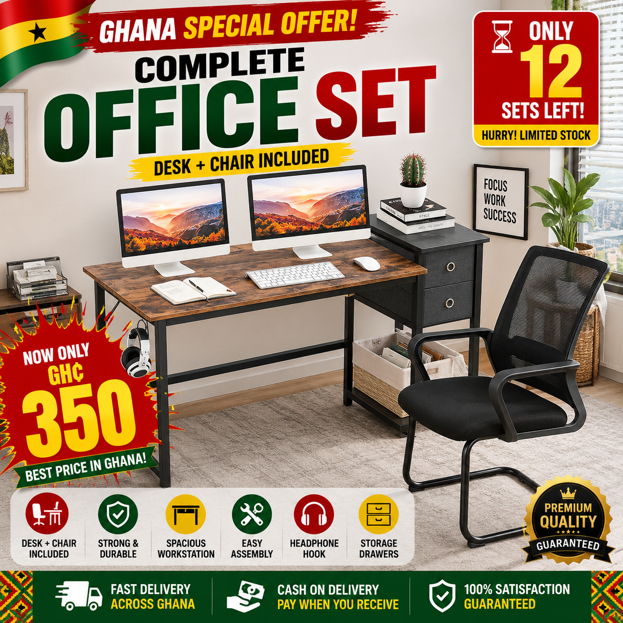 2-in-1 Home Office Set: Modern Computer Desk with Drawers & Headphone Hook + Ergonomic Mesh Cantilever Chair - MDF & Steel Study Table and Comfortable Office Chair (Black)