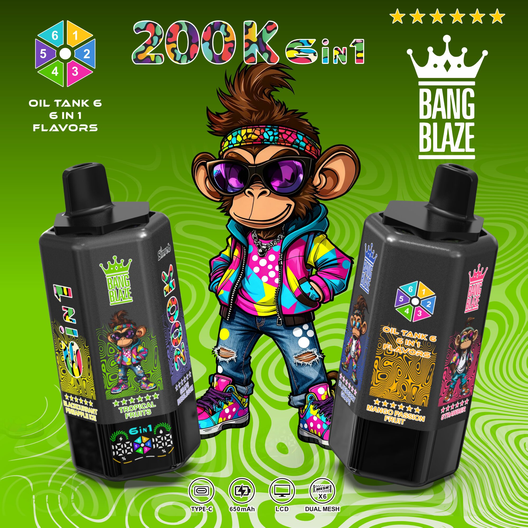 Bang Blaze 200000 200K Puffs 6 in 1 Flavors &  6 oil tanks Rechargeable LCD Display Disposable Vape