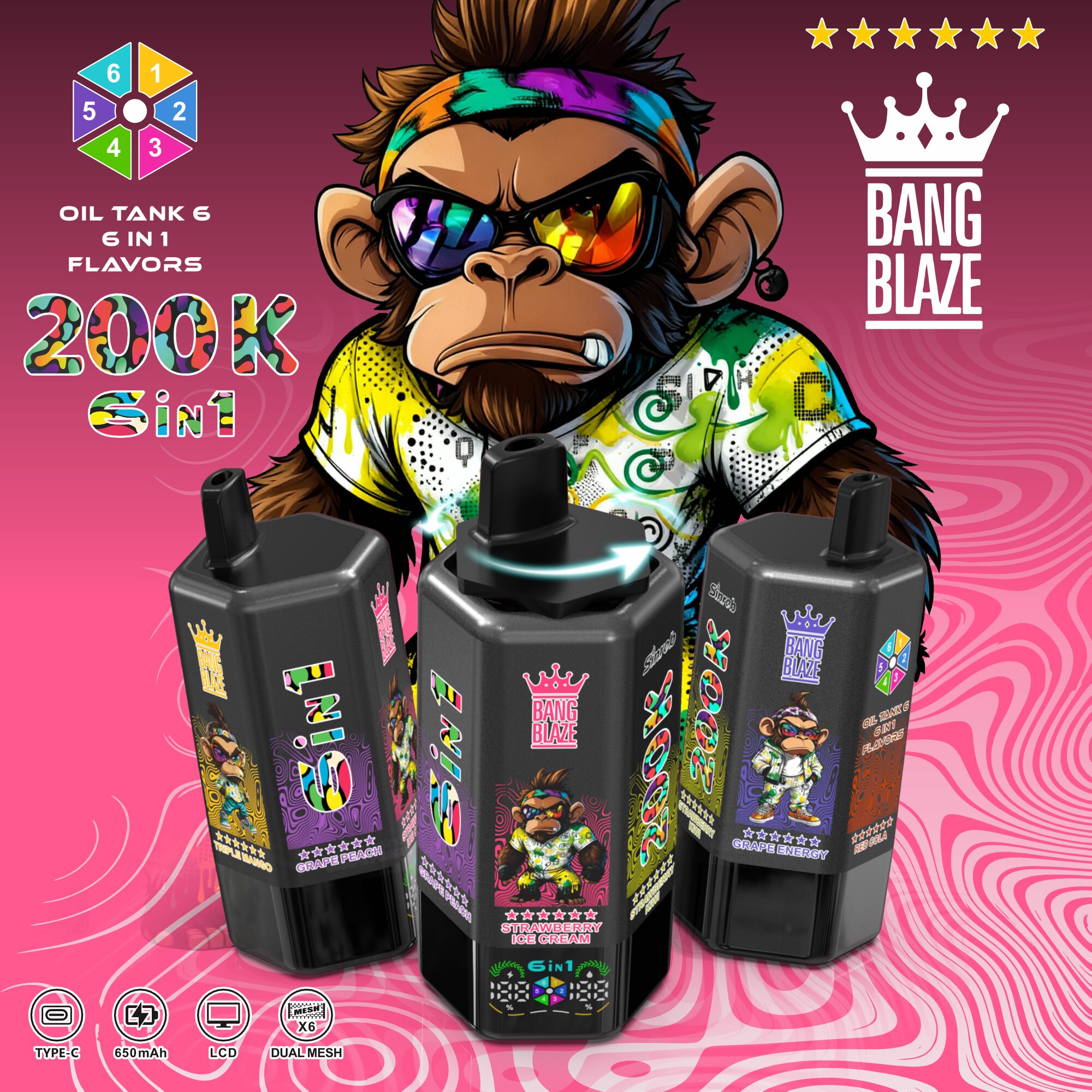 Bang Blaze 200000 200K Puffs 6 in 1 Flavors &  6 oil tanks Rechargeable LCD Display Disposable Vape